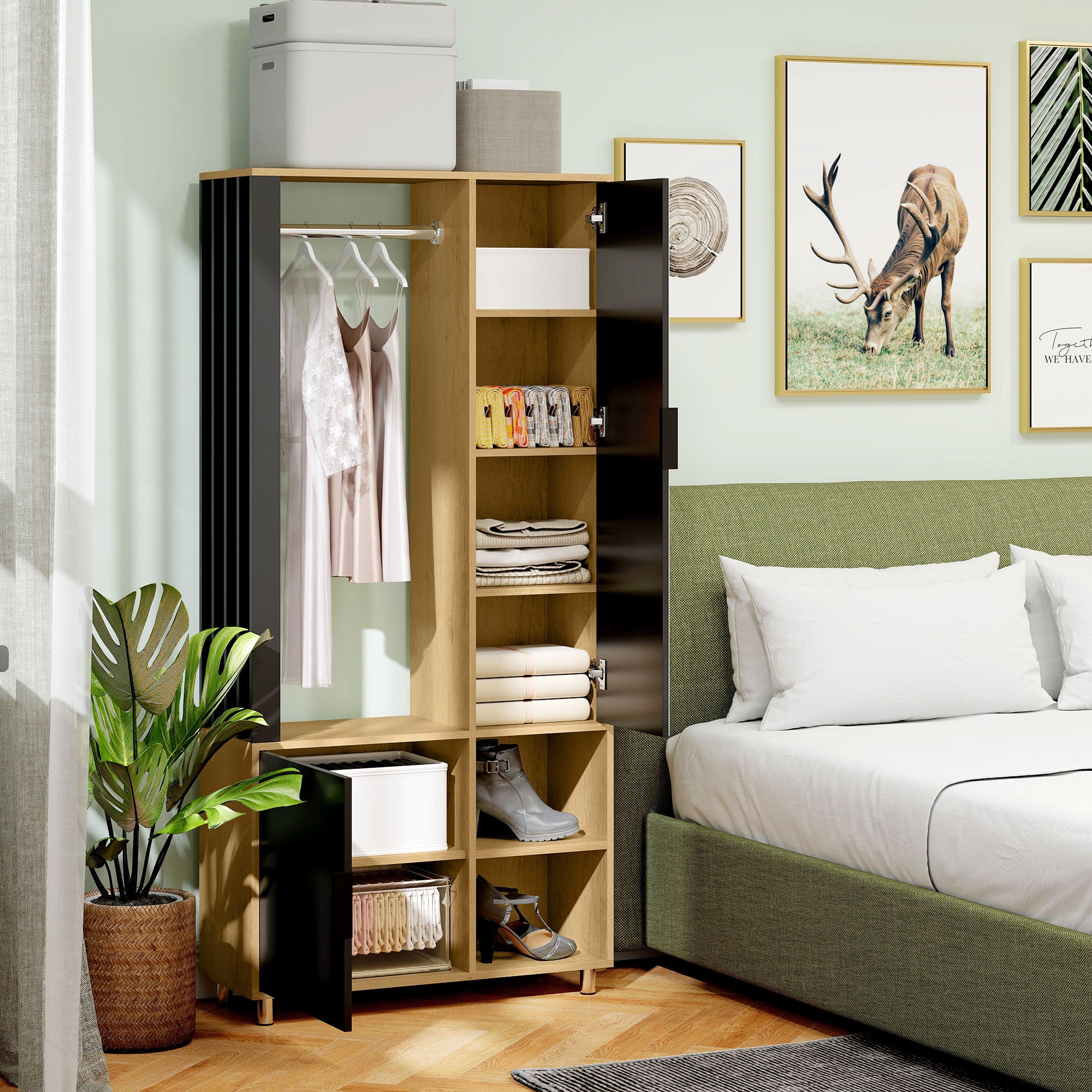 Armoire chambre penderie dressing moderne armoire de rangement avec miroir, compartiments ouverts, placard et tringle de suspension, 80 x 30 x 170 cm, bois naturel