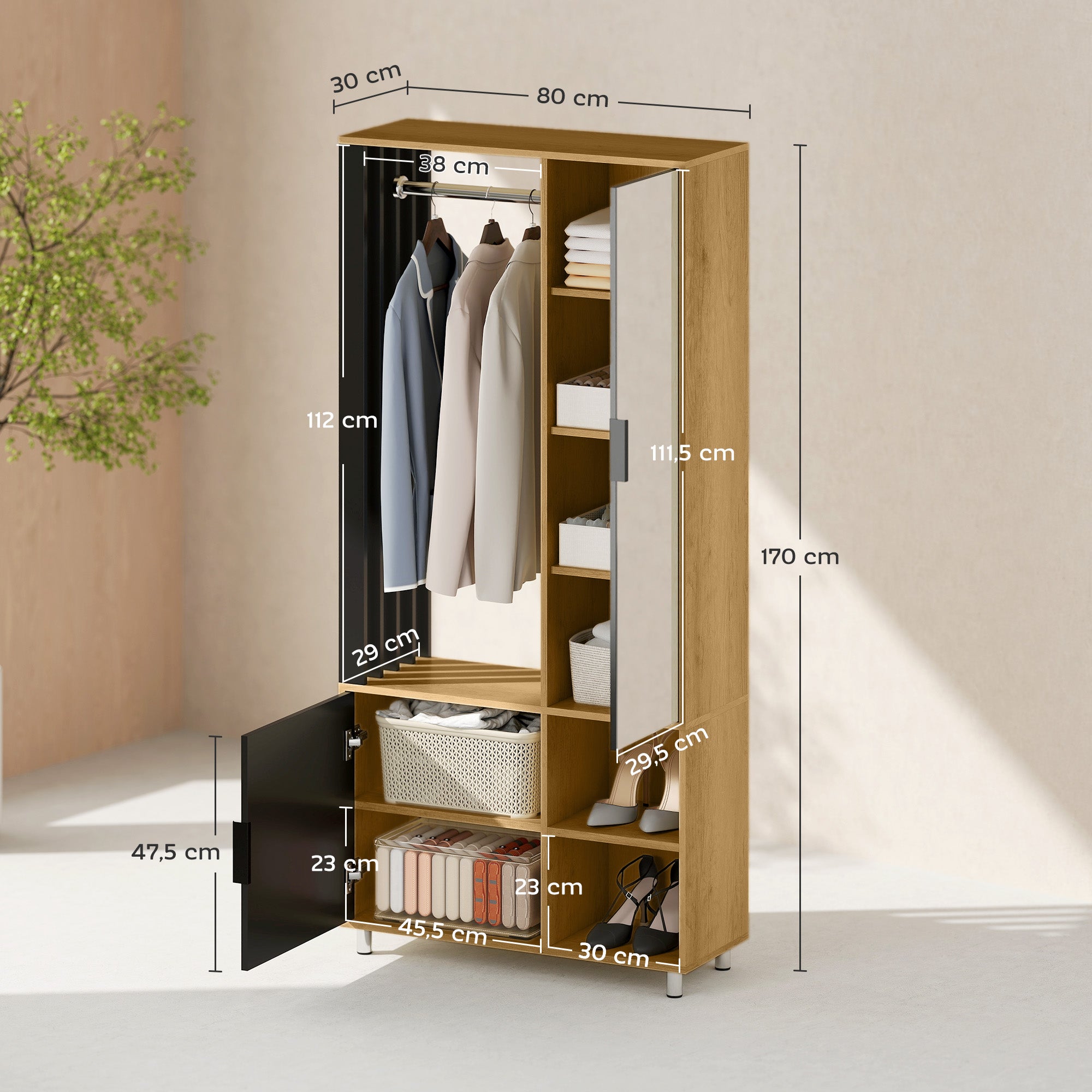 Armoire chambre penderie dressing moderne armoire de rangement avec miroir, compartiments ouverts, placard et tringle de suspension, 80 x 30 x 170 cm, bois naturel