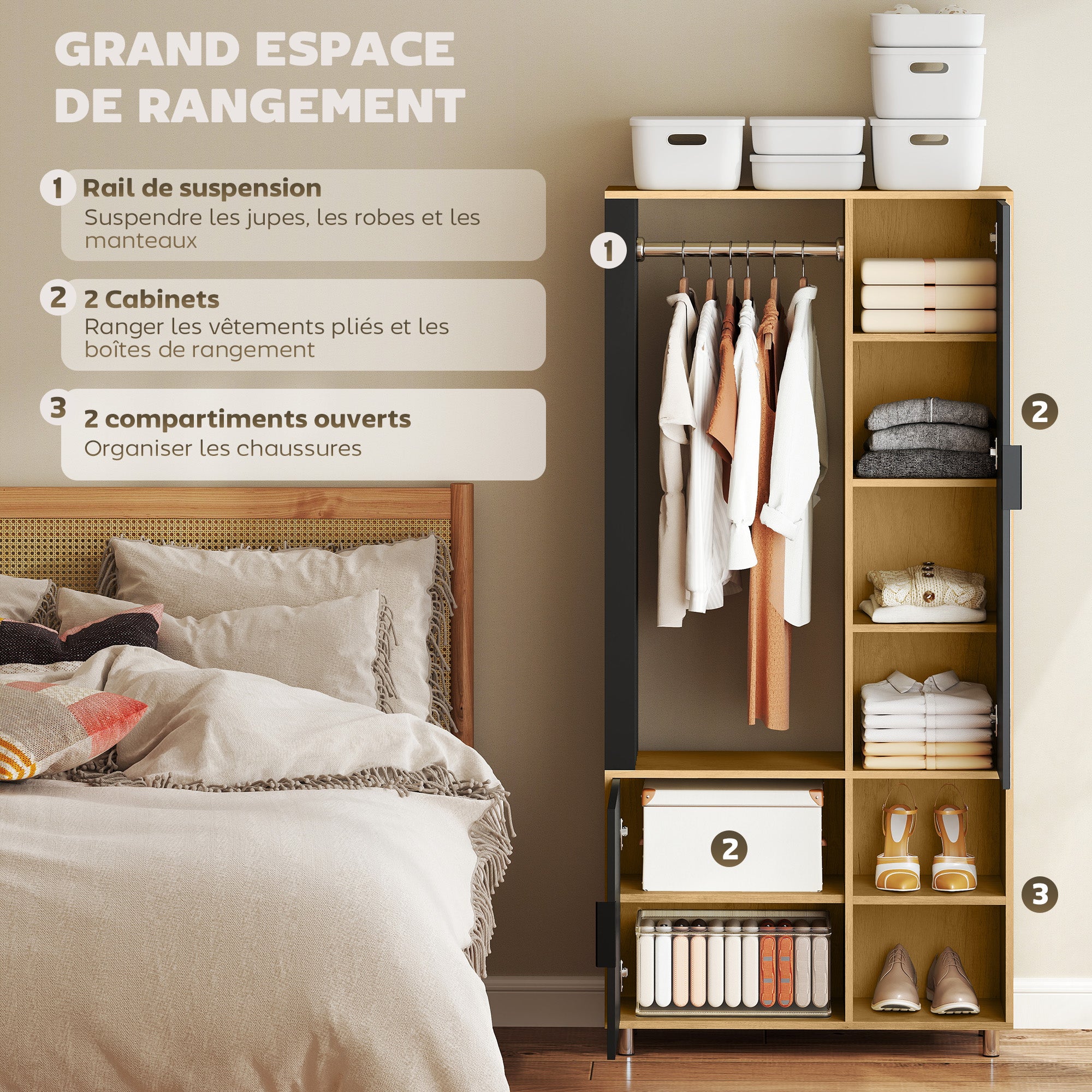 Armoire chambre penderie dressing moderne armoire de rangement avec miroir, compartiments ouverts, placard et tringle de suspension, 80 x 30 x 170 cm, bois naturel