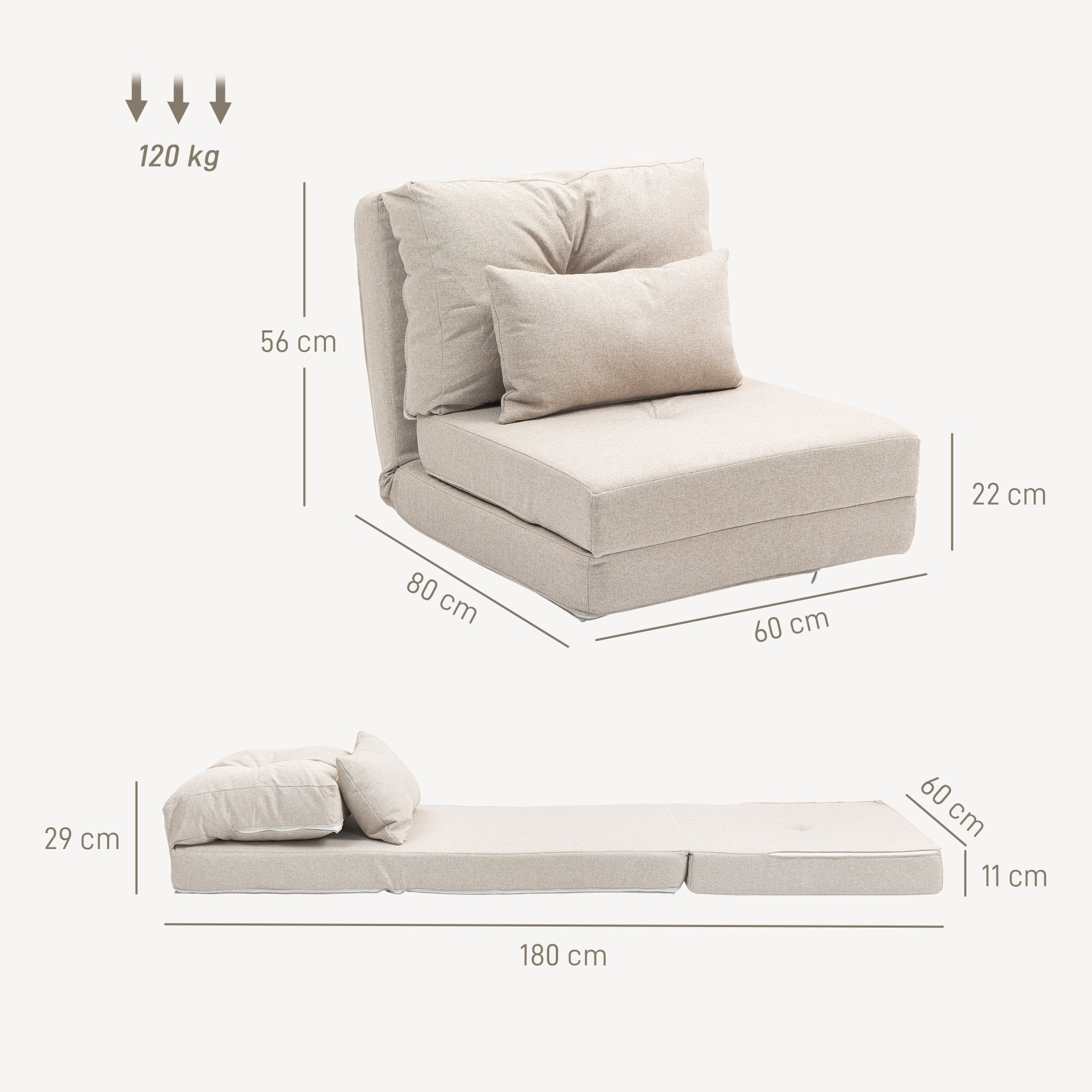 Fauteuil convertible 1 place fauteuil paresseux lit chauffeuse 1 place - coussin inclus, dossier réglable - salon, charge 120 kg, tissu lin beige