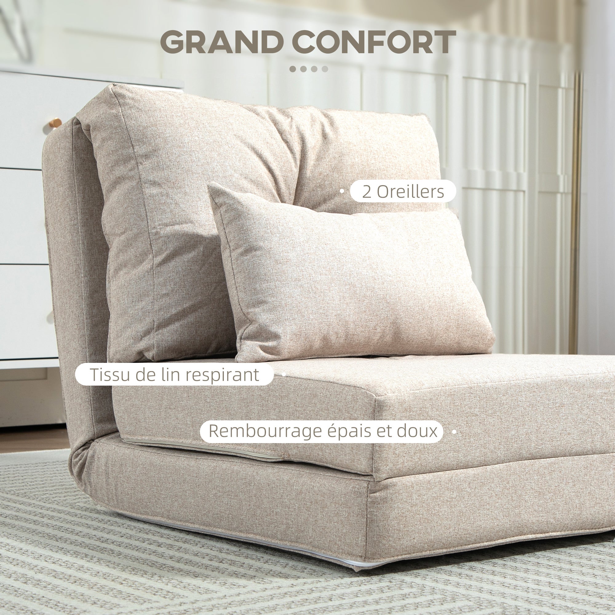 Fauteuil convertible 1 place fauteuil paresseux lit chauffeuse 1 place - coussin inclus, dossier réglable - salon, charge 120 kg, tissu lin beige
