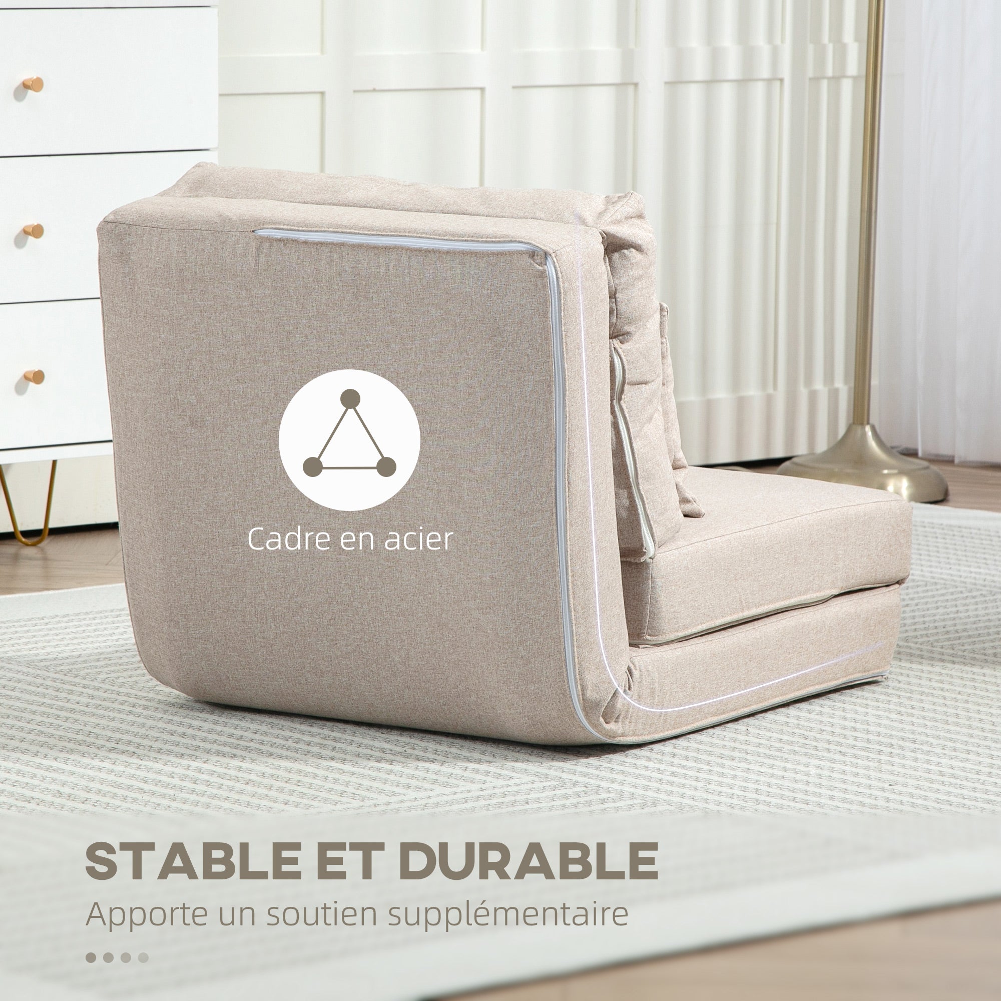Fauteuil convertible 1 place fauteuil paresseux lit chauffeuse 1 place - coussin inclus, dossier réglable - salon, charge 120 kg, tissu lin beige