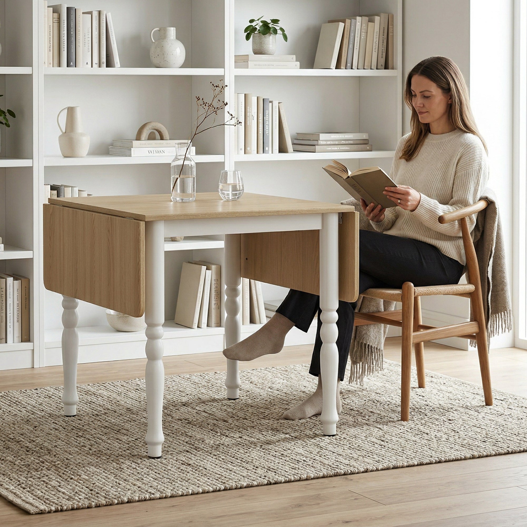 Table à manger pliante pour 4 à 6 personnes 74-134 cm, table de cuisine rectangulaire avec 2 abattants, pieds tournés en acier, pour petits espaces, salle à manger, effet bois naturel