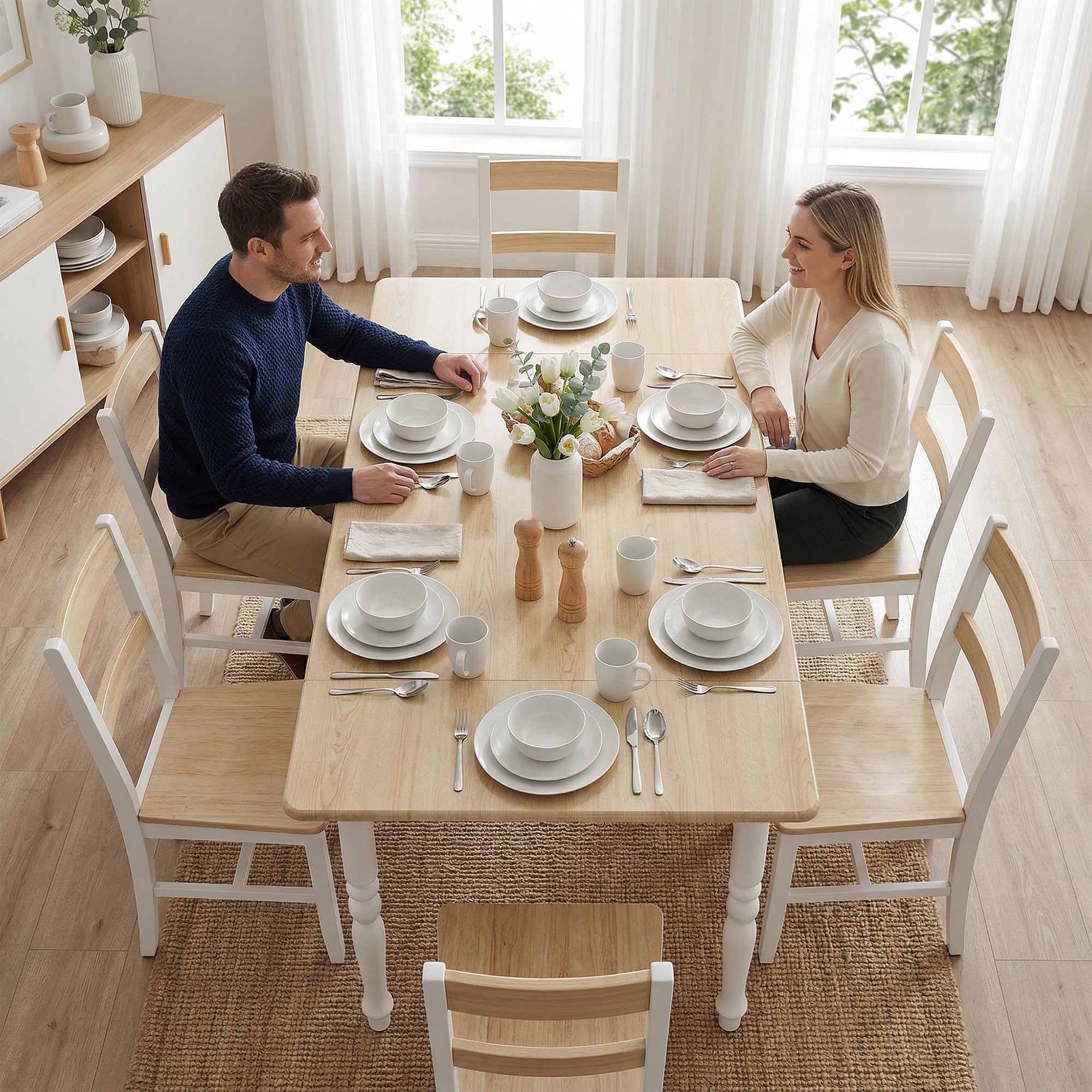 Table à manger pliante pour 4 à 6 personnes 74-134 cm, table de cuisine rectangulaire avec 2 abattants, pieds tournés en acier, pour petits espaces, salle à manger, effet bois naturel