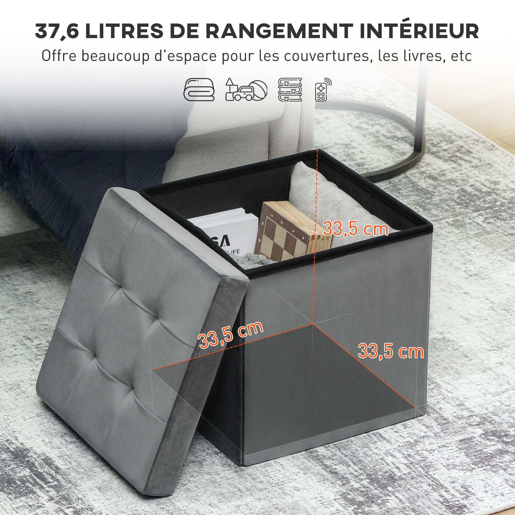 Tabouret, pouf coffre rangement, pouf repose-pieds en tissu velours, pour la chambre à coucher, entrée, salon, charge 120 Kg, 38 x 38 x 38 cm, gris