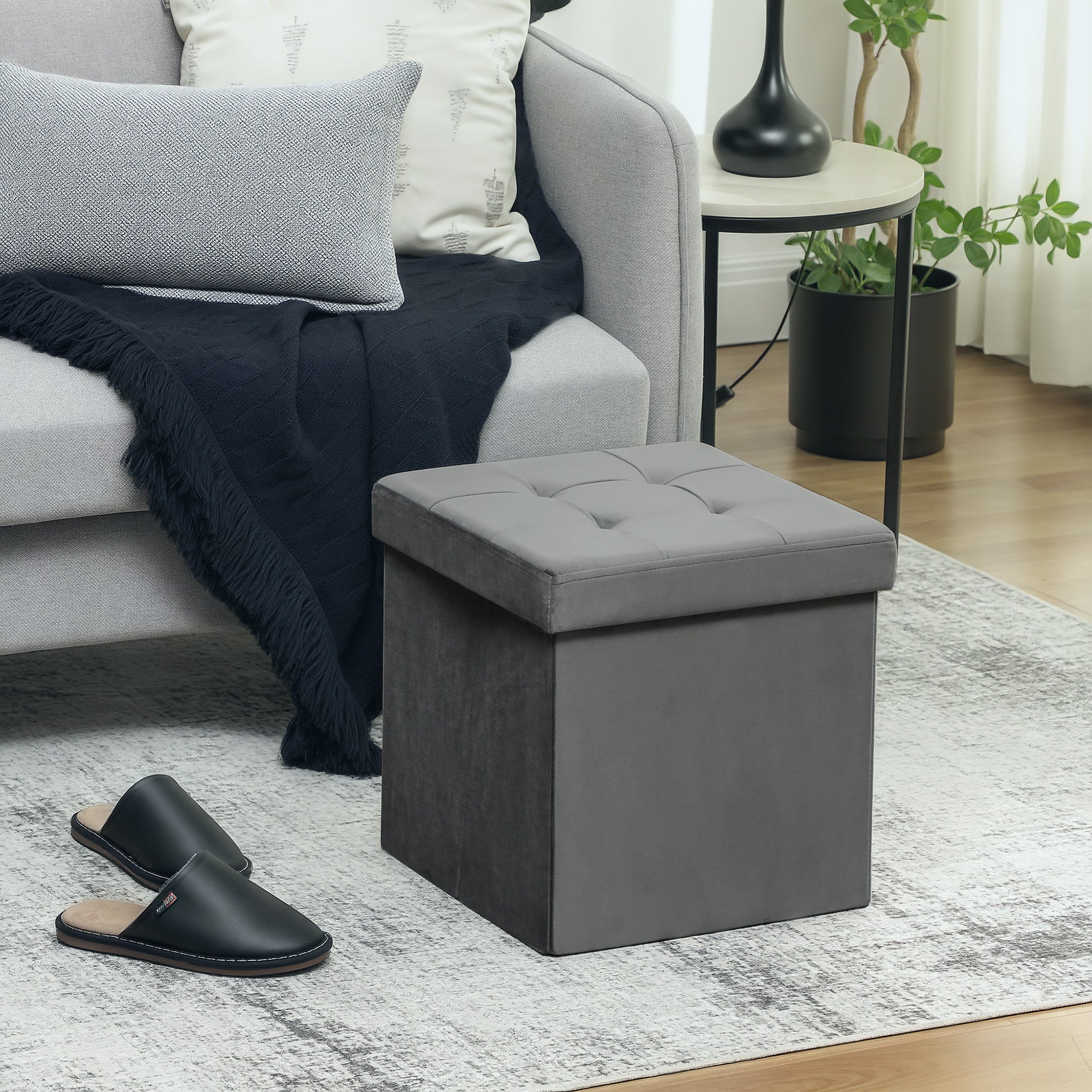 Tabouret, pouf coffre rangement, pouf repose-pieds en tissu velours, pour la chambre à coucher, entrée, salon, charge 120 Kg, 38 x 38 x 38 cm, gris