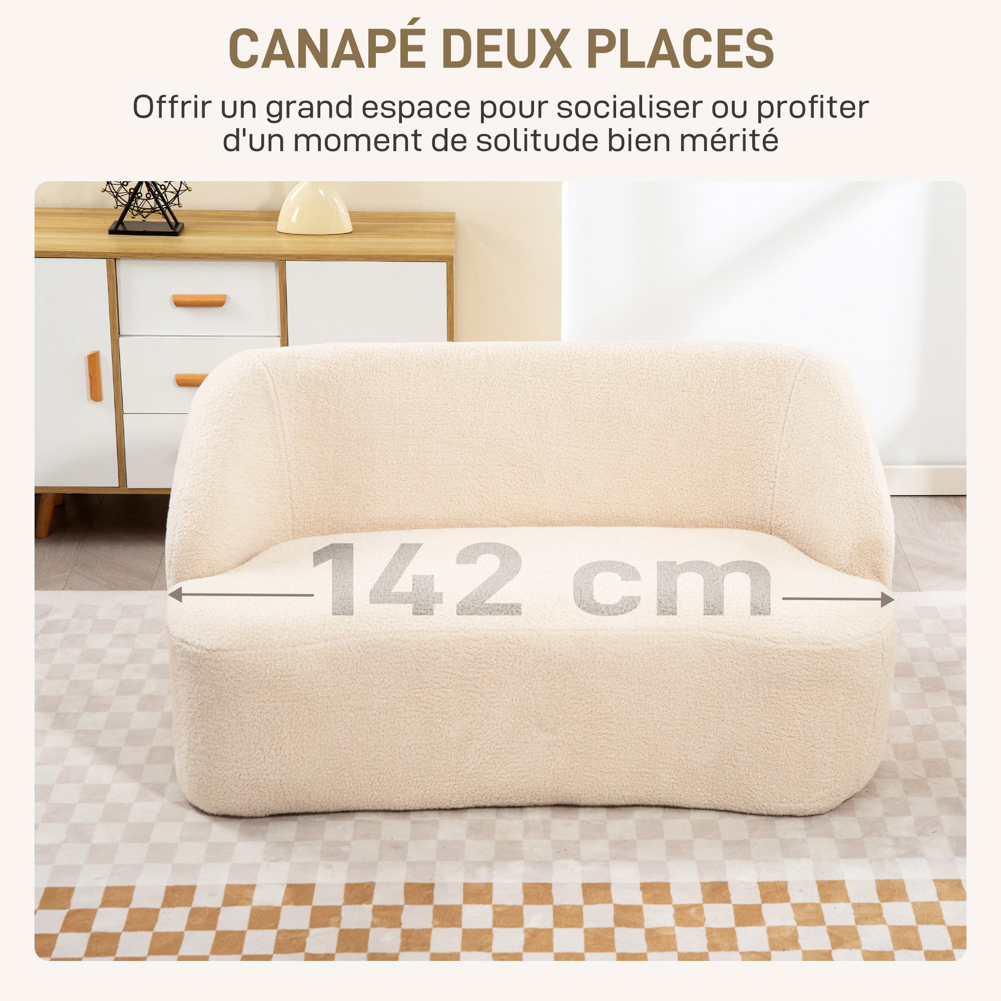 Canapé 2 places canapé en tissu bouclette 142 cm avec dossier et assise incurvés, entièrement compressé, sofa moderne pour chambre, appartement, petit espace, aucun assemblage requis, beige