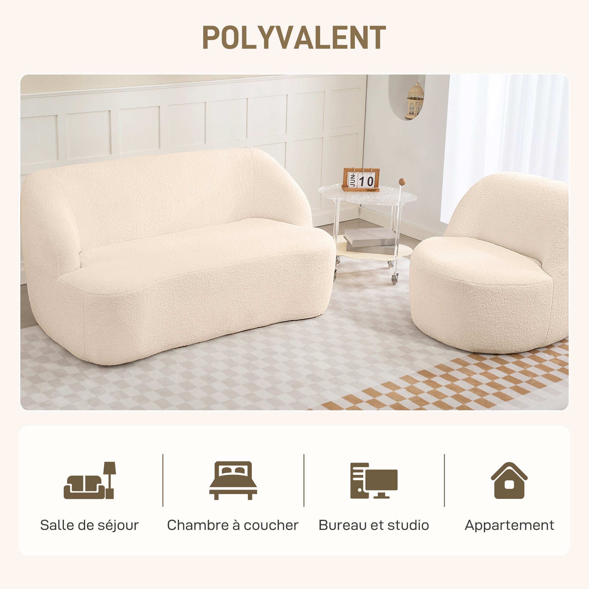 Canapé 2 places canapé en tissu bouclette 142 cm avec dossier et assise incurvés, entièrement compressé, sofa moderne pour chambre, appartement, petit espace, aucun assemblage requis, beige