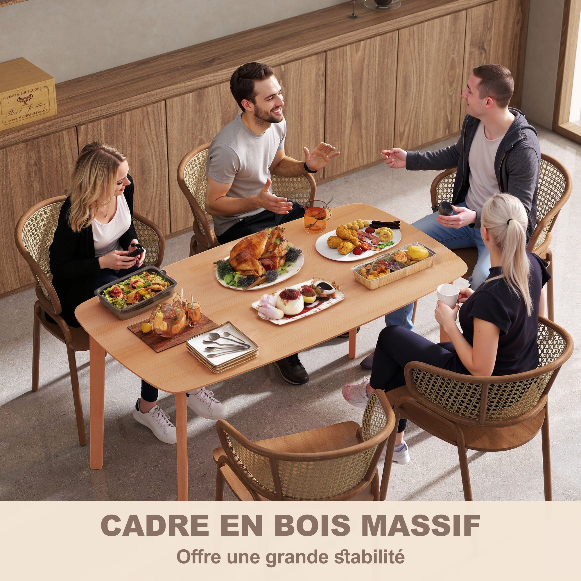 Table à manger rectangulaire pour 6 personnes table de cuisine 150 cm avec cadre en bois massif et grand plateau, pour salle à manger, salon, bureau, effet bois naturel
