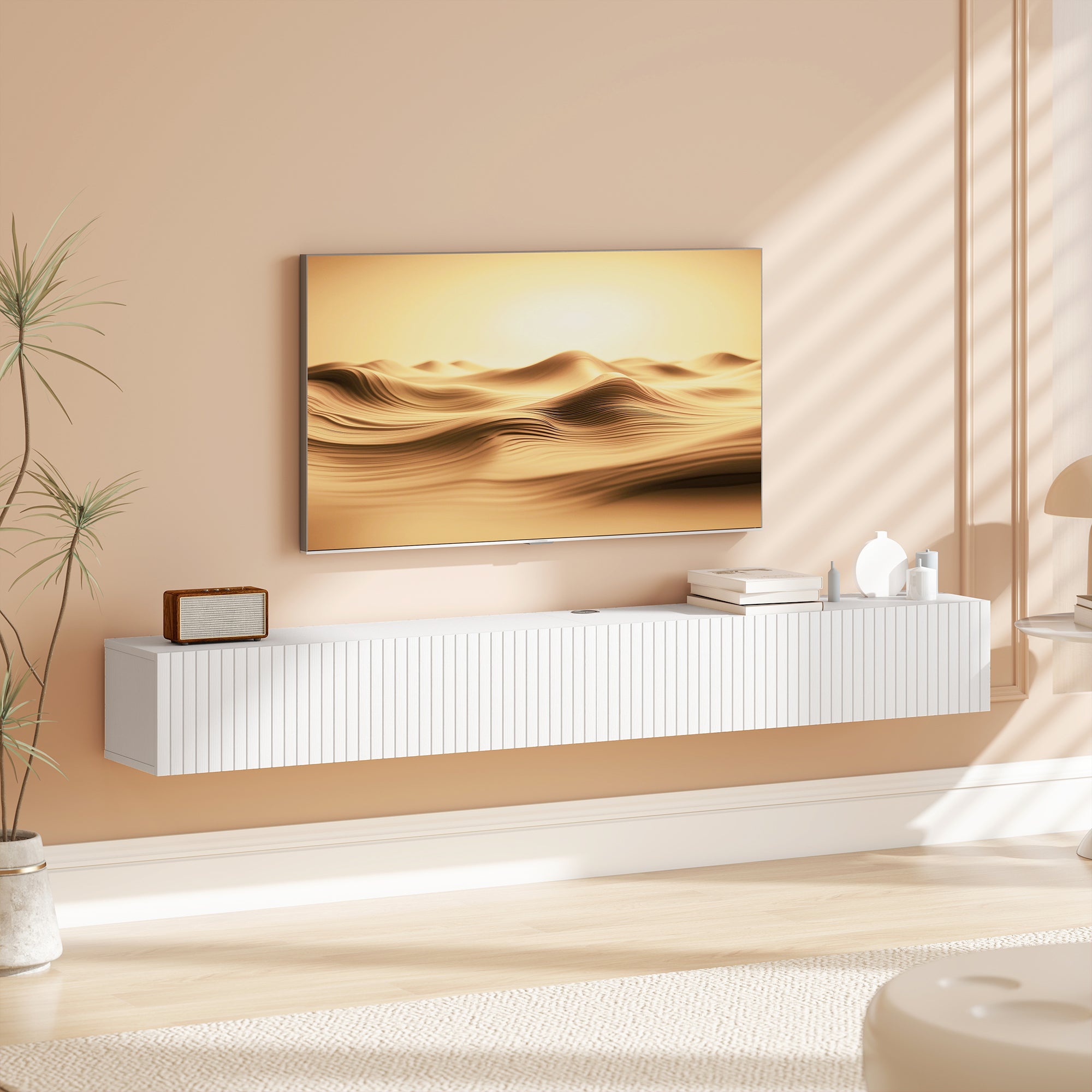 Meuble TV suspendu flottant 180 cm, meuble télé pour téléviseur jusqu'à 72 pouces avec 2 portes cannelées rabattables, banc TV mural pour salon, chambre à coucher, blanc