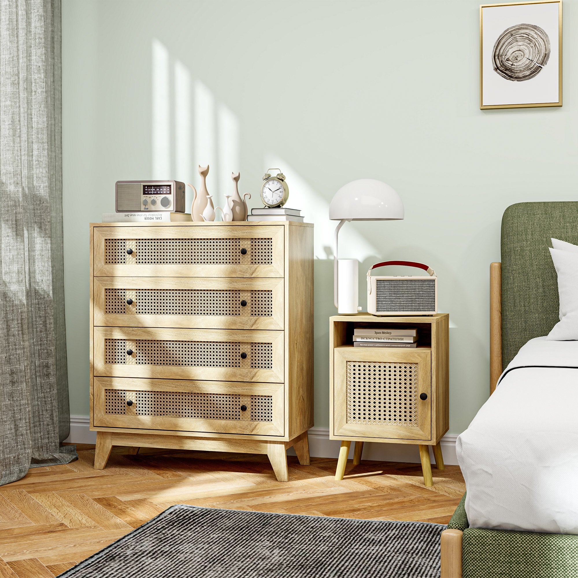 Commode 4 tiroirs meuble de rangement cannage en rotin 80 x 35 x 95 cm aspect bois clair