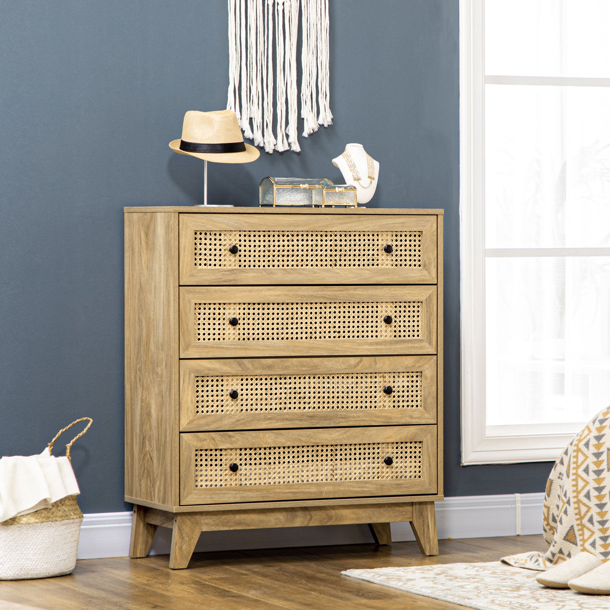 Commode 4 tiroirs meuble de rangement cannage en rotin 80 x 35 x 95 cm aspect bois clair