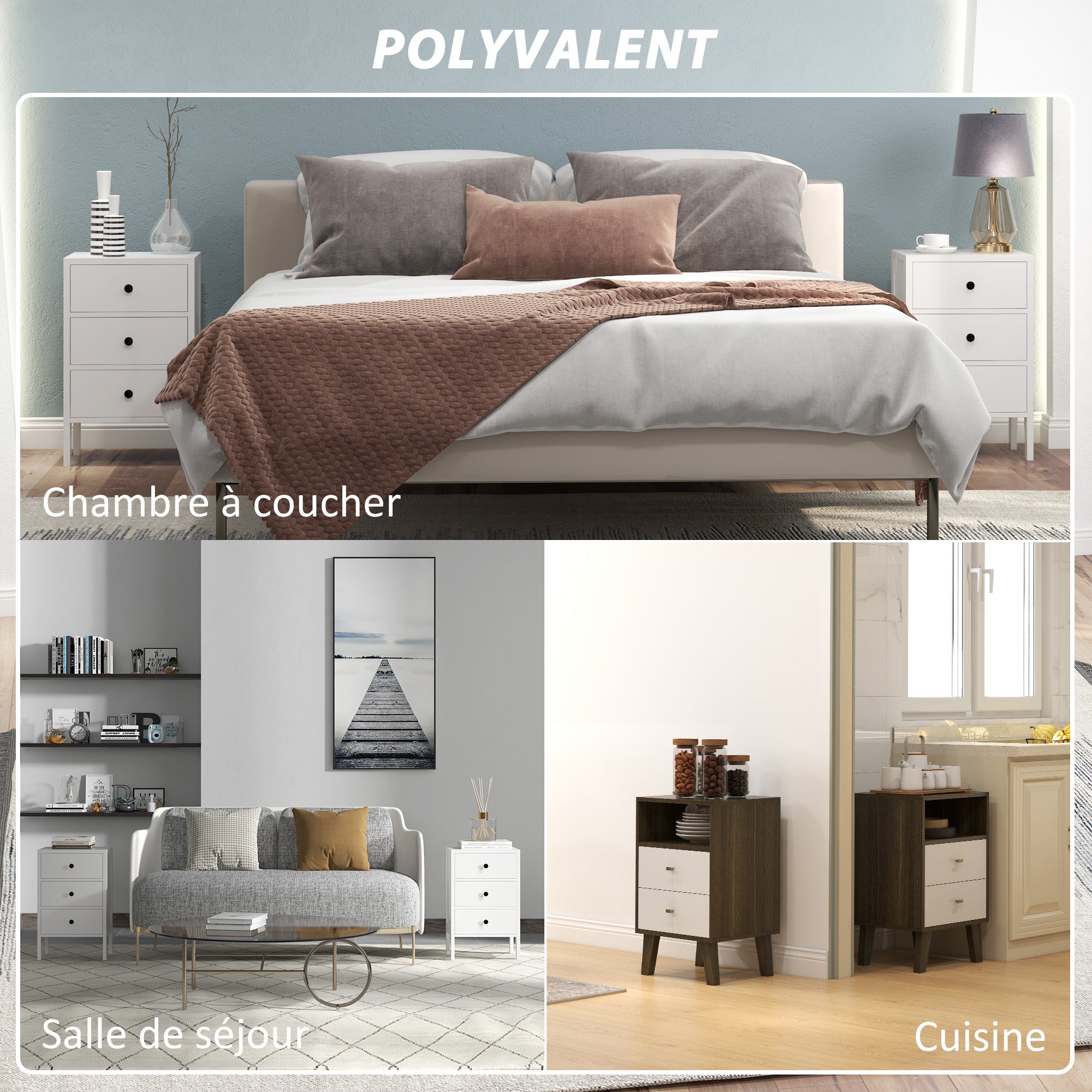 Lot de 2 tables de chevet, tables d'appoint, table de nuit avec 3 tiroirs pour chambre en bois dim. 40L x 30l x 64H cm blanc