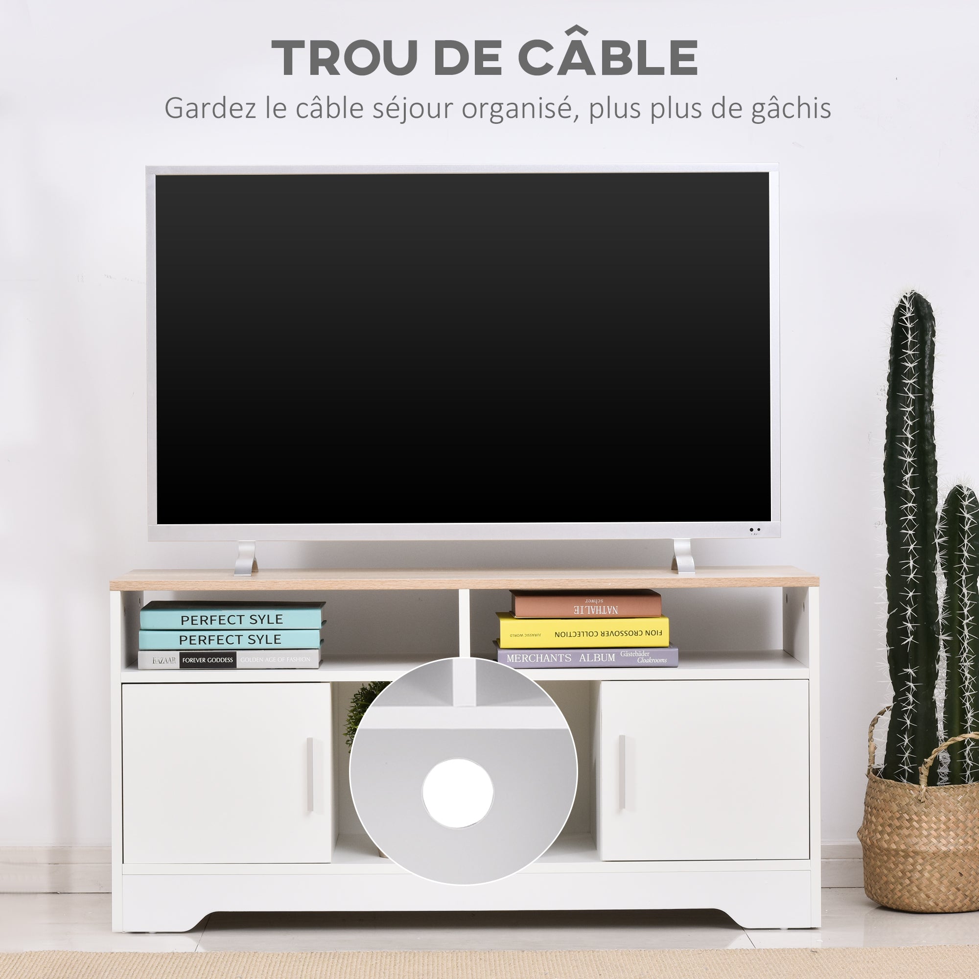 Meuble TV Banc TV en Bois Grand Espace de Rangement avec 2 Compartiments Ouverts 2 Armoires à Porte Une Armoire Ouverte 105 x 40 x 52 cm Blanc