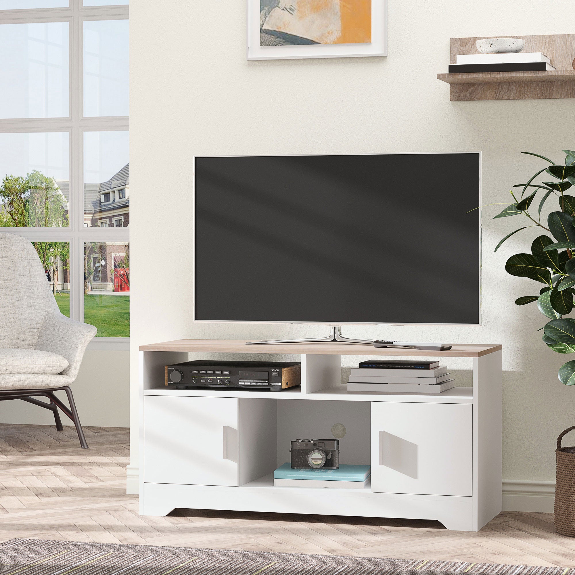 Meuble TV Banc TV en Bois Grand Espace de Rangement avec 2 Compartiments Ouverts 2 Armoires à Porte Une Armoire Ouverte 105 x 40 x 52 cm Blanc