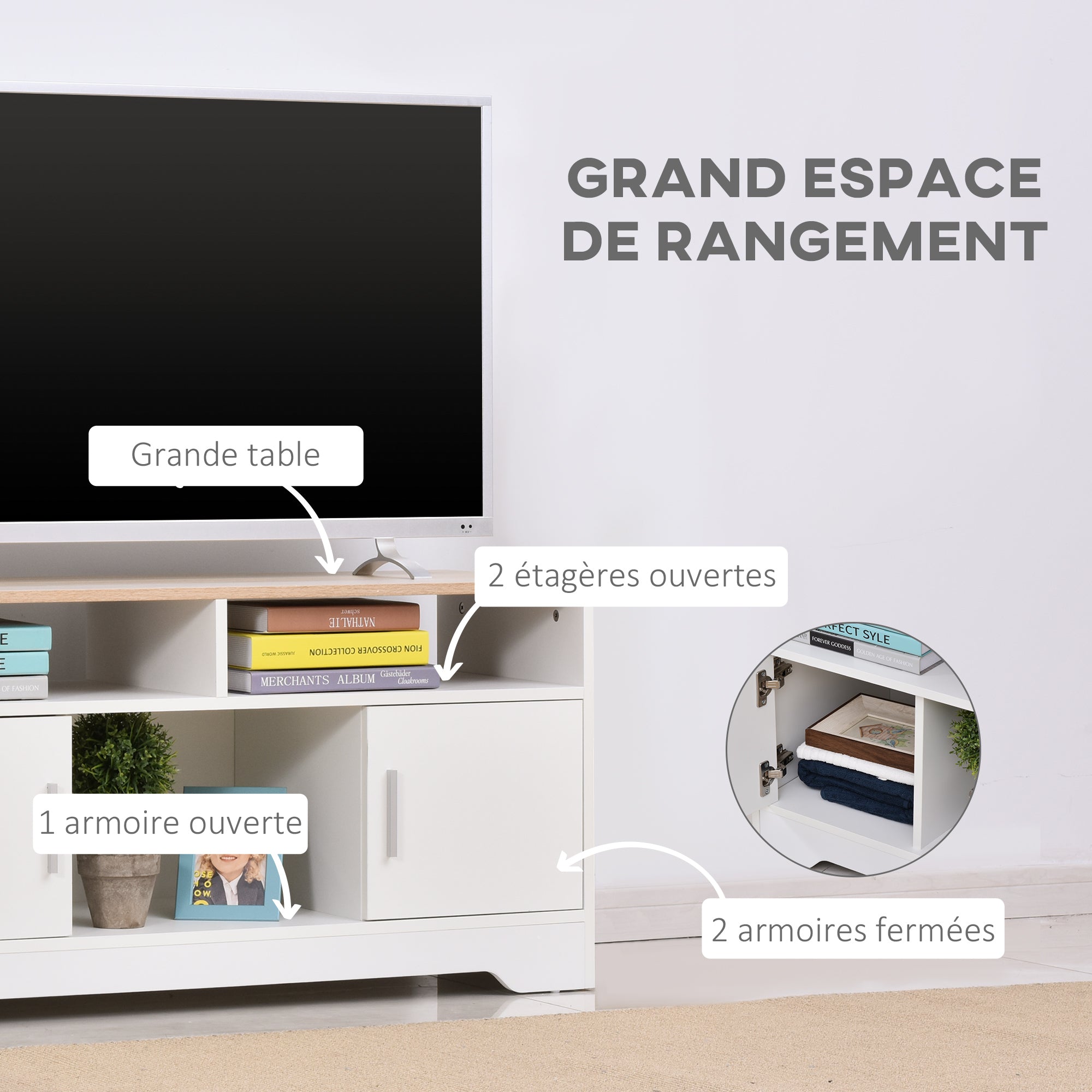 Meuble TV Banc TV en Bois Grand Espace de Rangement avec 2 Compartiments Ouverts 2 Armoires à Porte Une Armoire Ouverte 105 x 40 x 52 cm Blanc