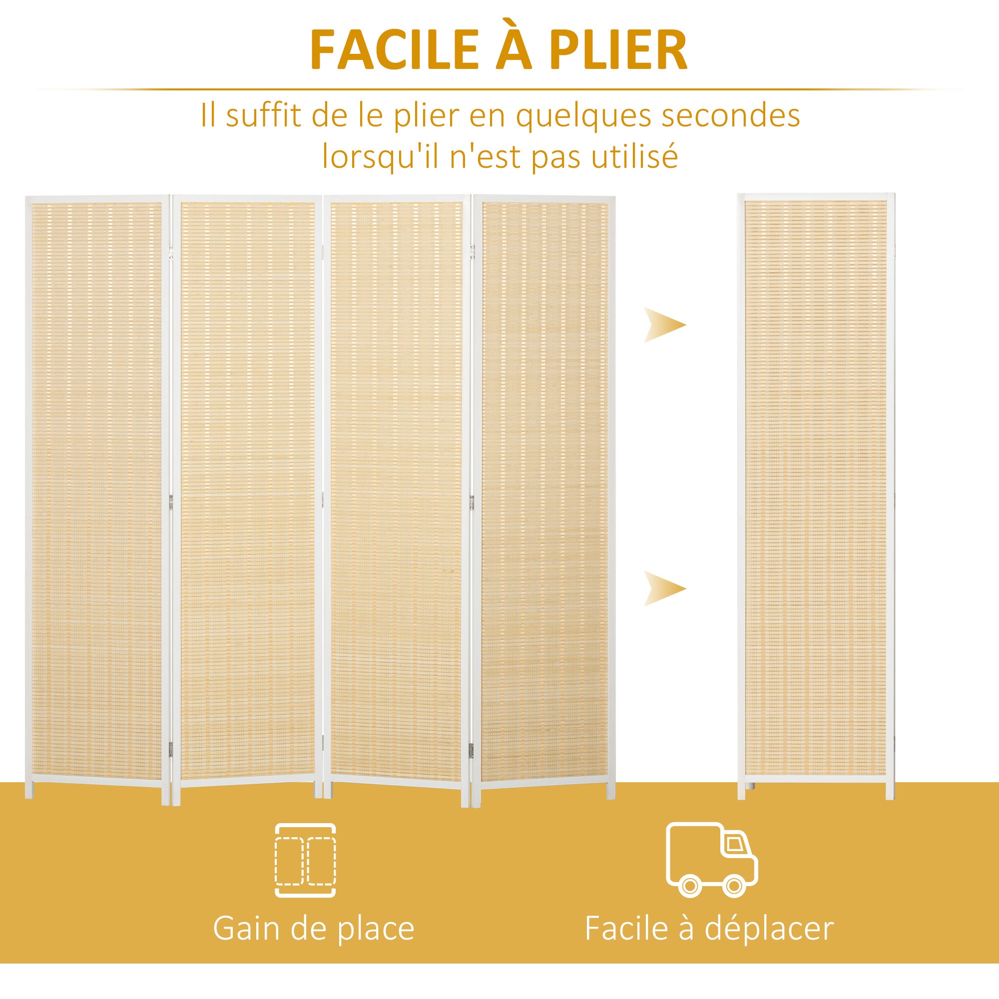 Paravent interieur en bois 4 panneaux 180 x 180 cm séparateur de pièce pliable cloison de séparation pour salon chambre à coucher maison, bois naturel