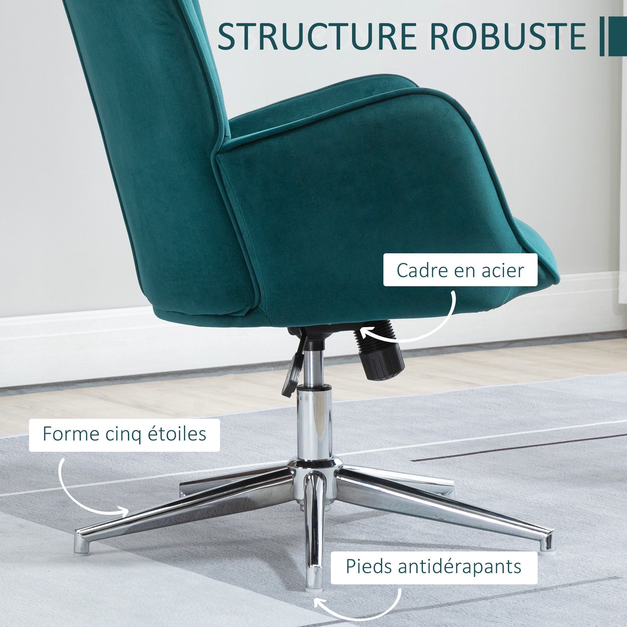 Fauteuil salon chaise relax fauteuil pivotant, hauteur réglable, dossier capitonné, assise et accoudoirs rembourrés, tissu aspect velours, pour chambre salon salle à manger, bleu