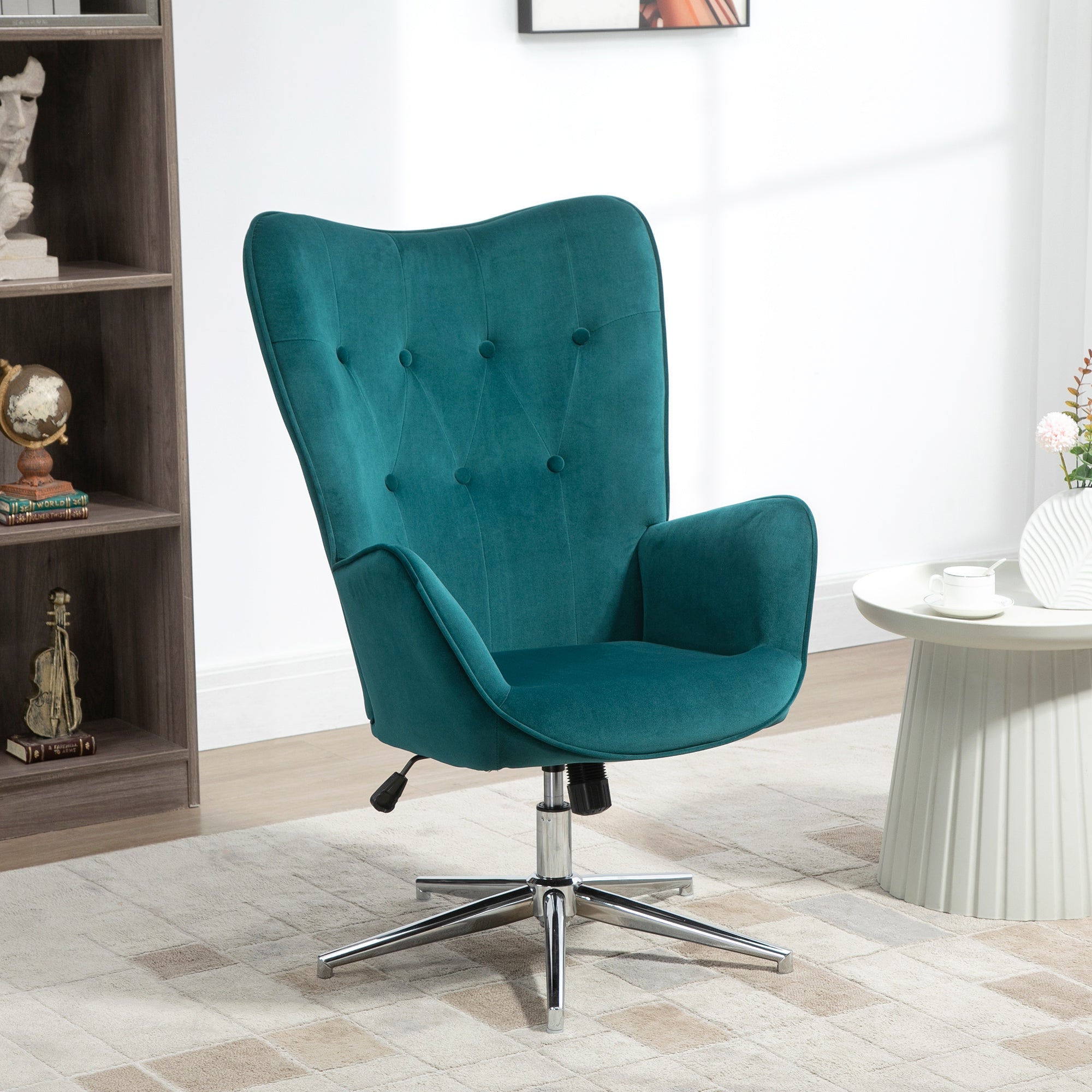 Fauteuil salon chaise relax fauteuil pivotant, hauteur réglable, dossier capitonné, assise et accoudoirs rembourrés, tissu aspect velours, pour chambre salon salle à manger, bleu