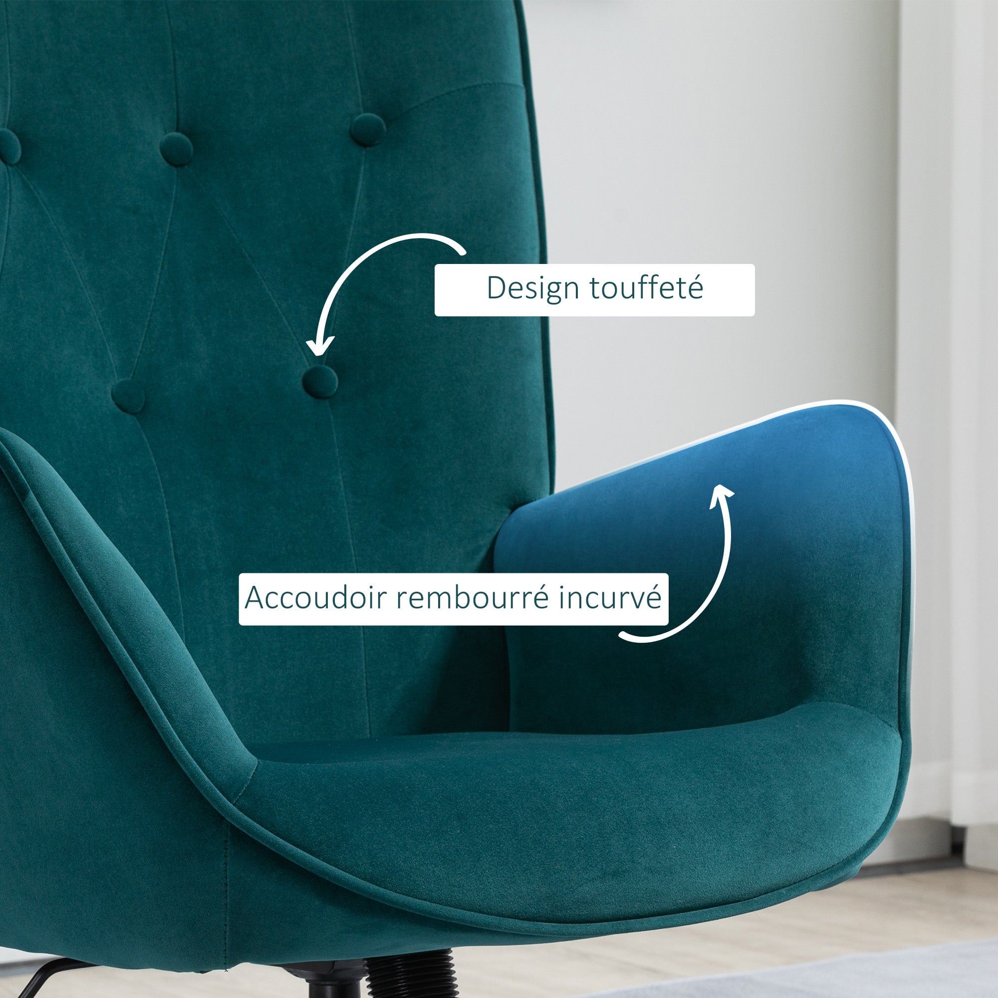 Fauteuil salon chaise relax fauteuil pivotant, hauteur réglable, dossier capitonné, assise et accoudoirs rembourrés, tissu aspect velours, pour chambre salon salle à manger, bleu