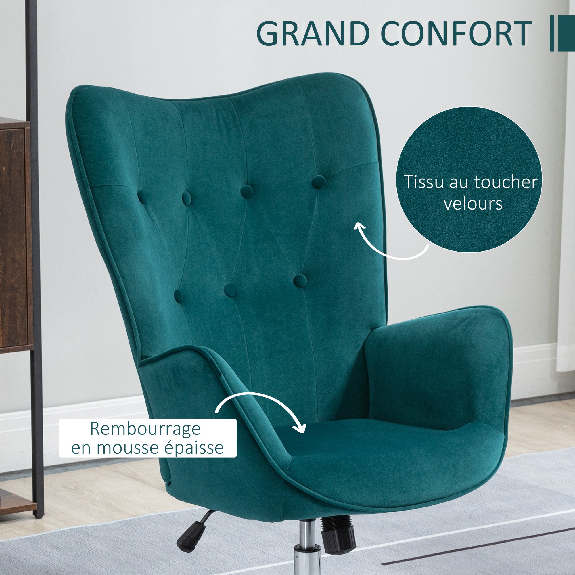 Fauteuil salon chaise relax fauteuil pivotant, hauteur réglable, dossier capitonné, assise et accoudoirs rembourrés, tissu aspect velours, pour chambre salon salle à manger, bleu