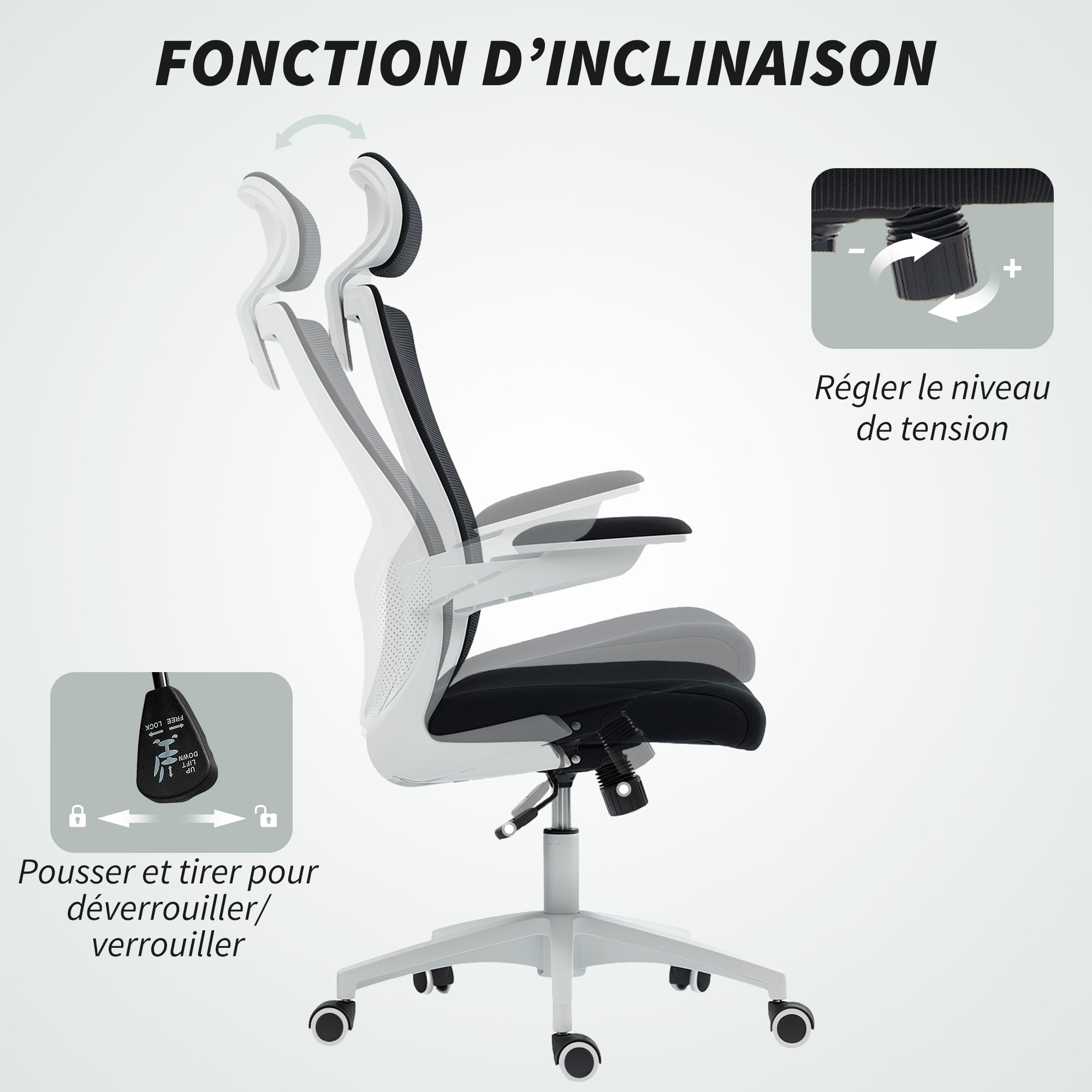 Chaise bureau ergonomique, fauteuil de bureau avec hauteur réglable, soutien lombaire, appui-tête, accoudoirs relevables, fonction bascule, pivotant à 360° et roulettes, noir