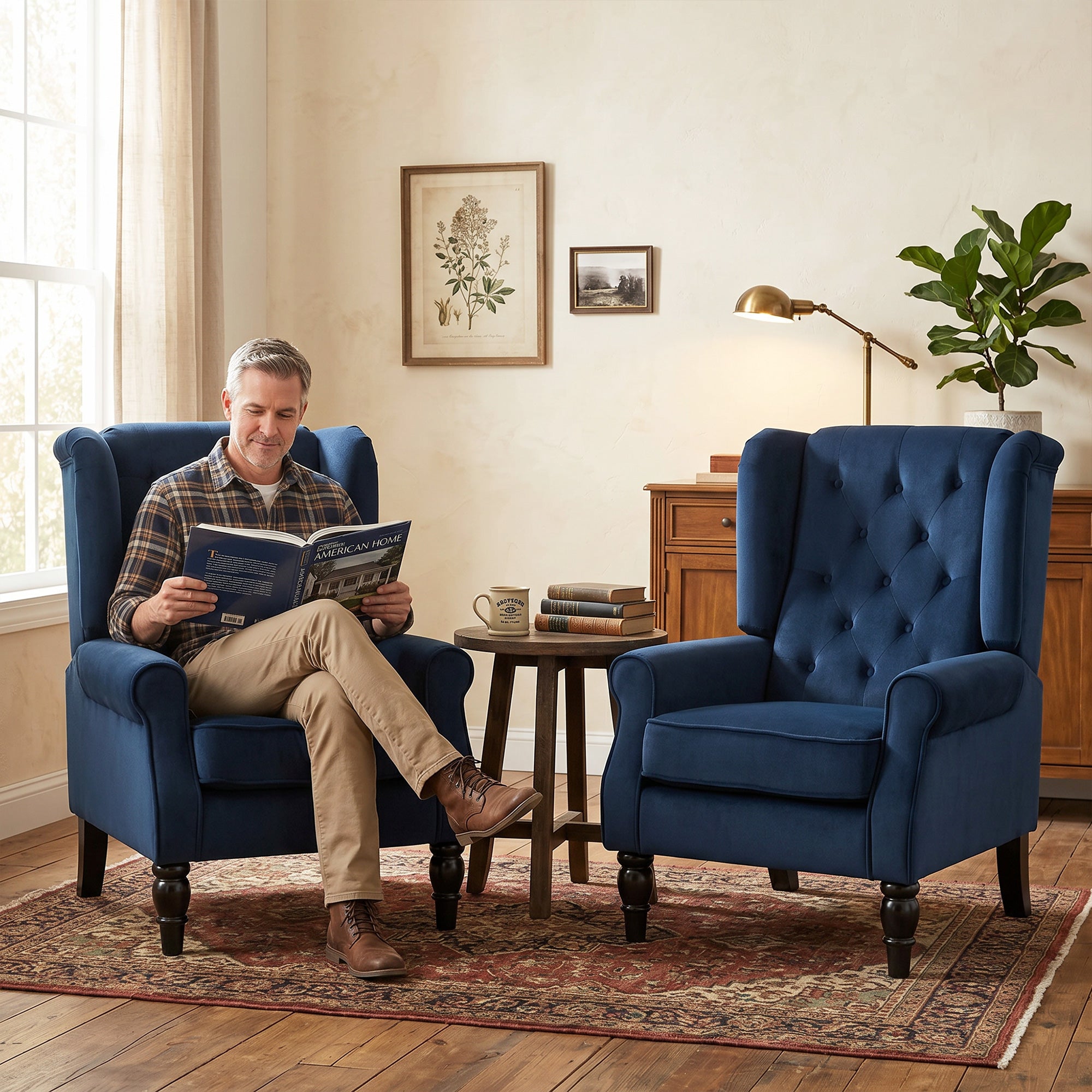 Fauteuil de Salon, Fauteuil Capitonné avec Pieds en Bois, Assise Large, Grand Confort, Style Classique, 74 x 86 x 102 cm, bleu foncé