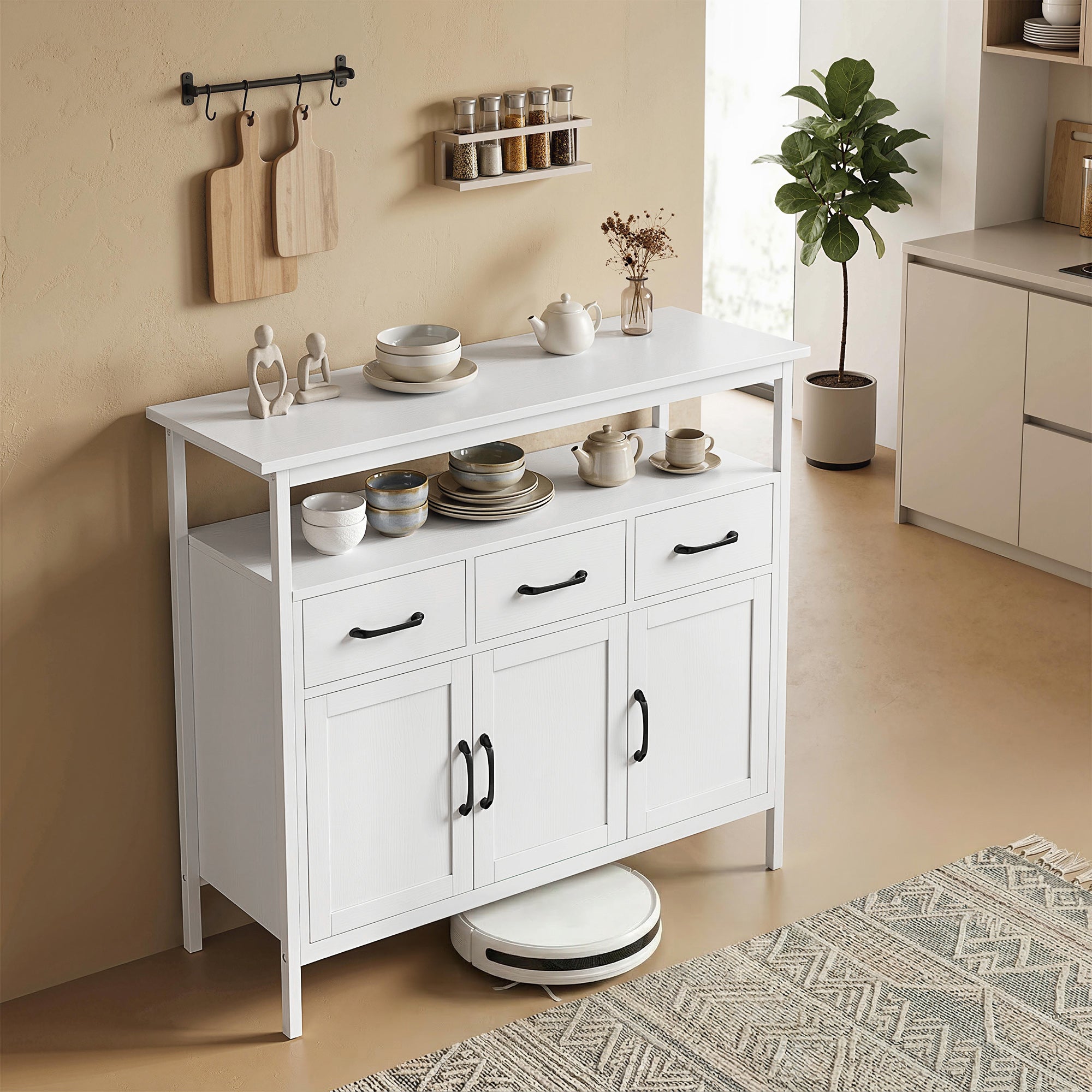 Buffet Cuisine, Meuble de Rangement avec 3 Portes, 3 Tiroirs, Compartiment Ouvert et Étagères Réglables, Style Moderne, pour Salon et Chambre, 95 x 35 x 88 cm, Blanc