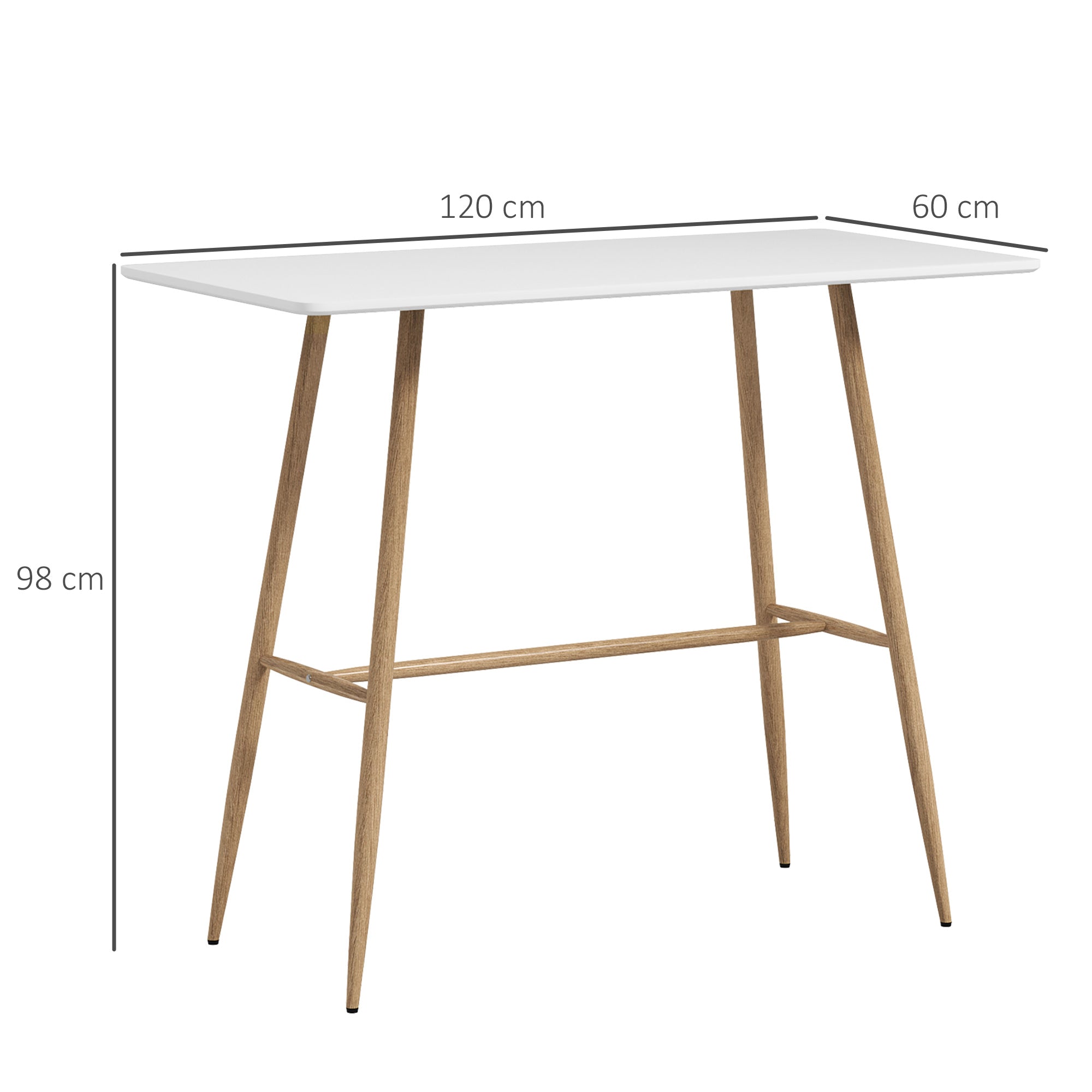 Table de bar rectangulaire 4 personnes, table haute pieds en acier effet bois, table de bistrot assemblage facile, pour bar à domicile, salle à manger, 120 x 60 x 98 cm, blanc