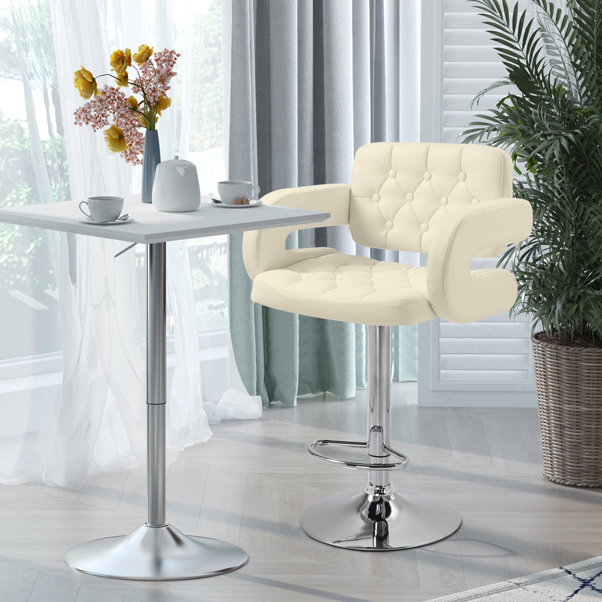 Tabouret de bar pivotant à 360°, chaise de bar réglable en hauteur avec dossier rembourrée, repose-pieds et accoudoirs, chaise haute cuisine en PU et métal pour salle à manger, comptoir, blanc