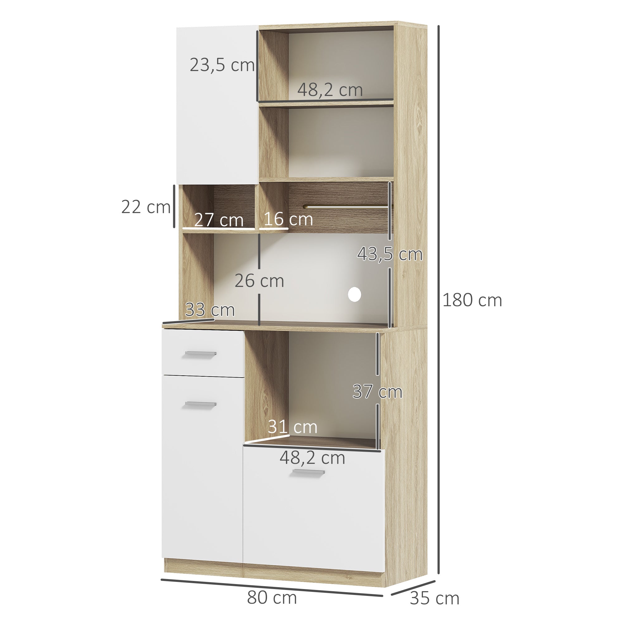 Armoire de cuisine buffet cuisine vaisselier meuble de rangement style moderne avec étagères réglables, tiroir, comptoir, passe-câble, pour salle à manger, salon, 80 x 35 x 180 cm, aspect bois