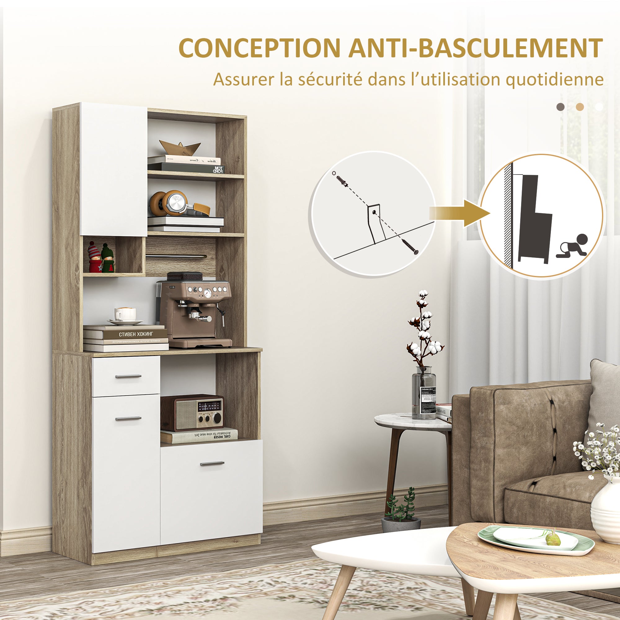 Armoire de cuisine buffet cuisine vaisselier meuble de rangement style moderne avec étagères réglables, tiroir, comptoir, passe-câble, pour salle à manger, salon, 80 x 35 x 180 cm, aspect bois
