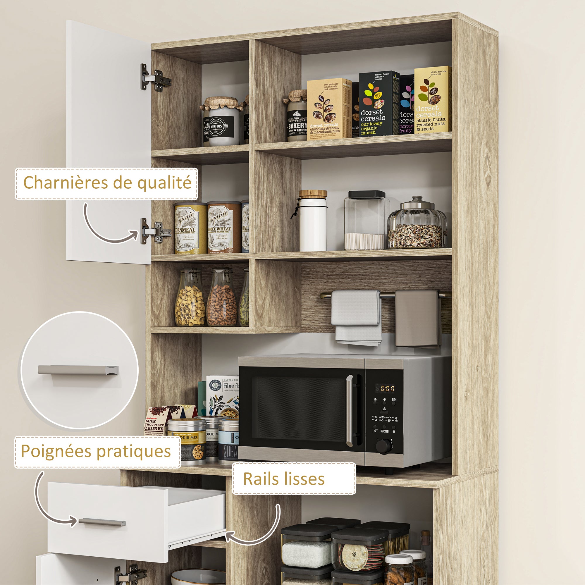 Armoire de cuisine buffet cuisine vaisselier meuble de rangement style moderne avec étagères réglables, tiroir, comptoir, passe-câble, pour salle à manger, salon, 80 x 35 x 180 cm, aspect bois