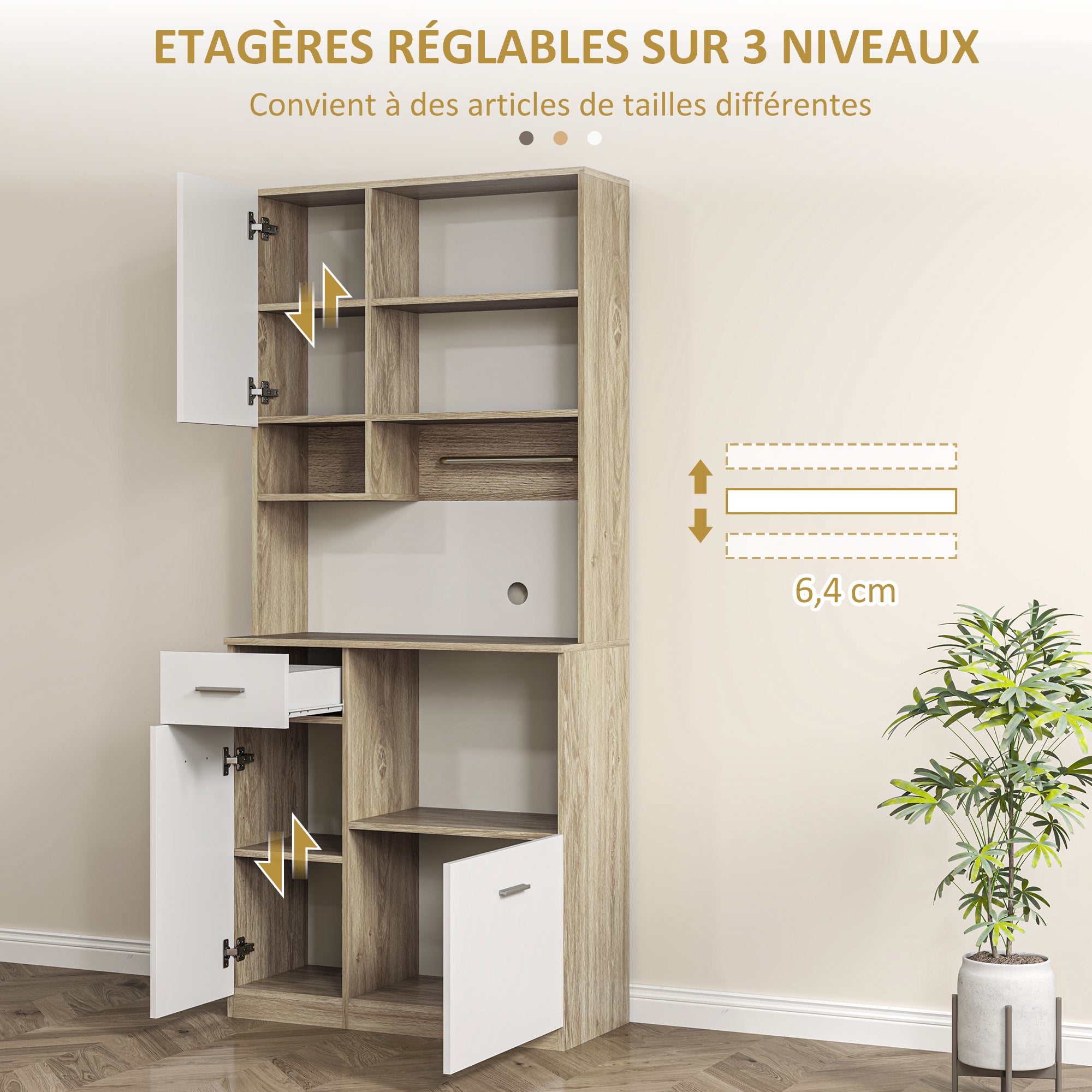 Armoire de cuisine buffet cuisine vaisselier meuble de rangement style moderne avec étagères réglables, tiroir, comptoir, passe-câble, pour salle à manger, salon, 80 x 35 x 180 cm, aspect bois