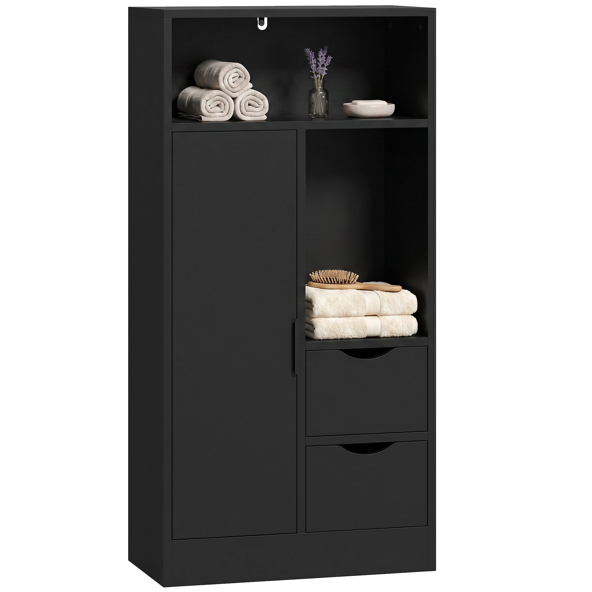 Meuble de salle de bain, meuble de rangement étroit avec 2 tiroirs, 1 porte, 2 compartiments ouverts et étagère réglable, armoire salle de bain, salon, chambre, 50 x 25 x 100 cm, noir