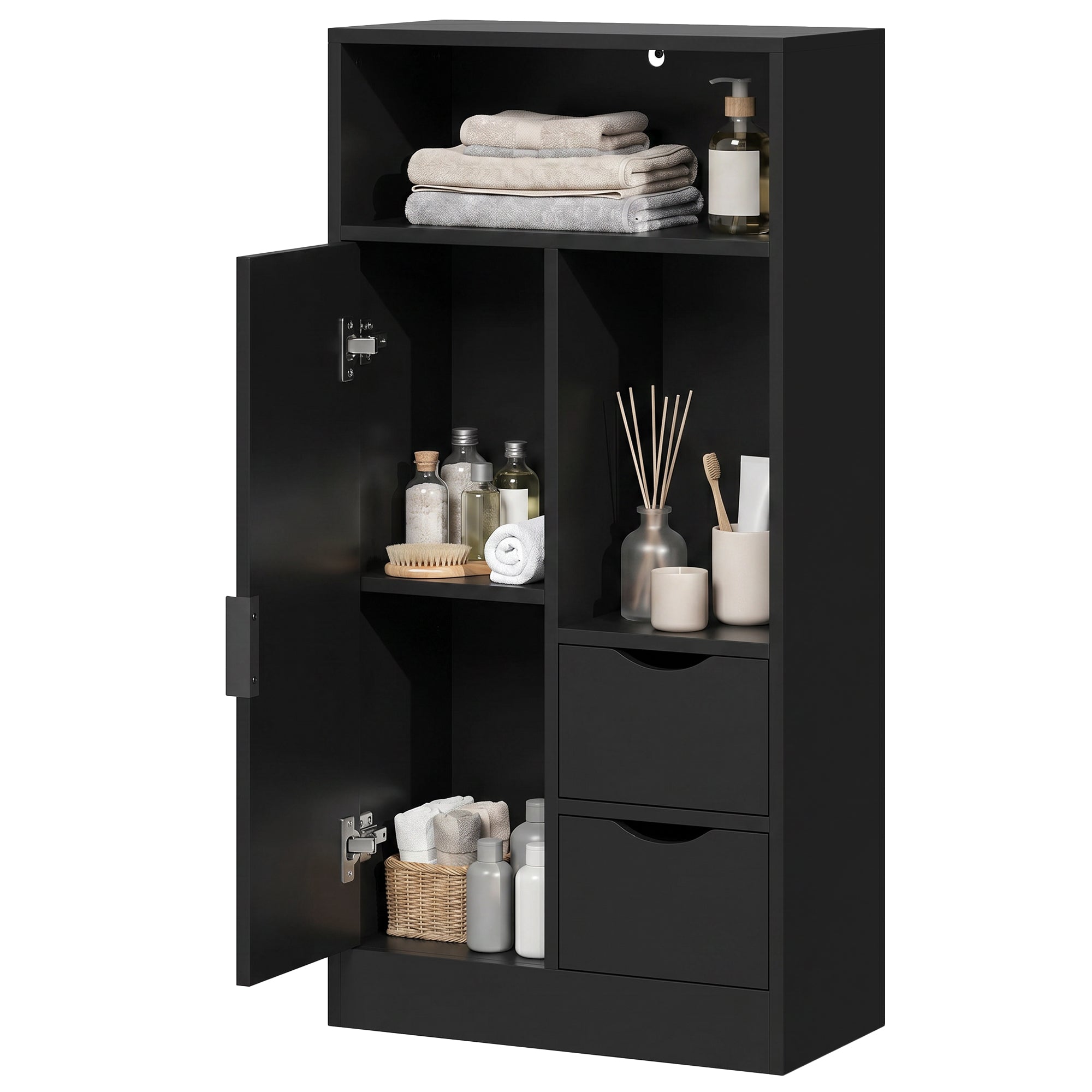 Meuble de salle de bain, meuble de rangement étroit avec 2 tiroirs, 1 porte, 2 compartiments ouverts et étagère réglable, armoire salle de bain, salon, chambre, 50 x 25 x 100 cm, noir