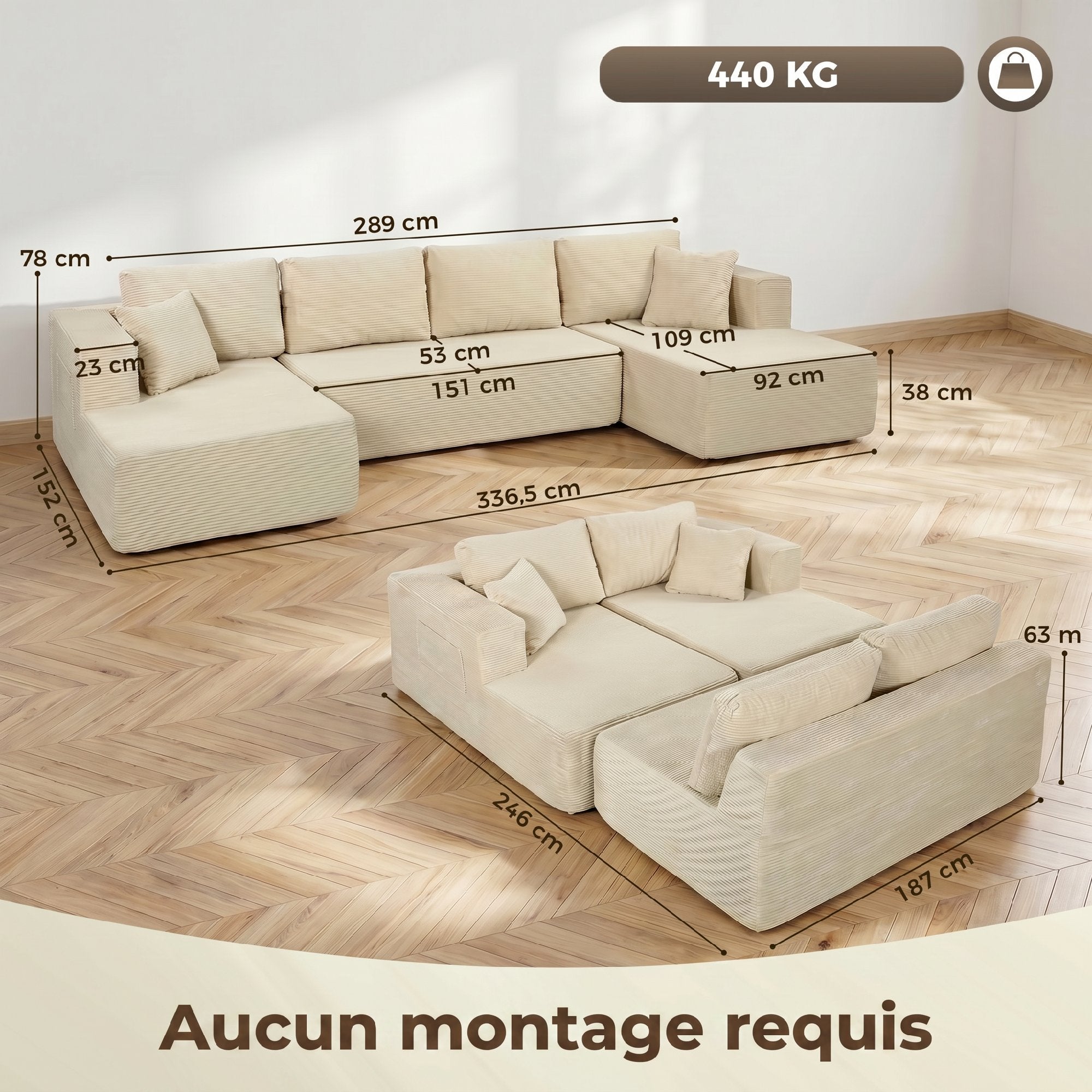 Canapé Modulaire en U Compressé 337 cm, Canapé 4 places Convertible en Velours Côtelé, 2 Méridiennes, 6 Coussins, Assise Large et Poches Latérales, pour Salon, Aucun Assemblage Requis, Crème