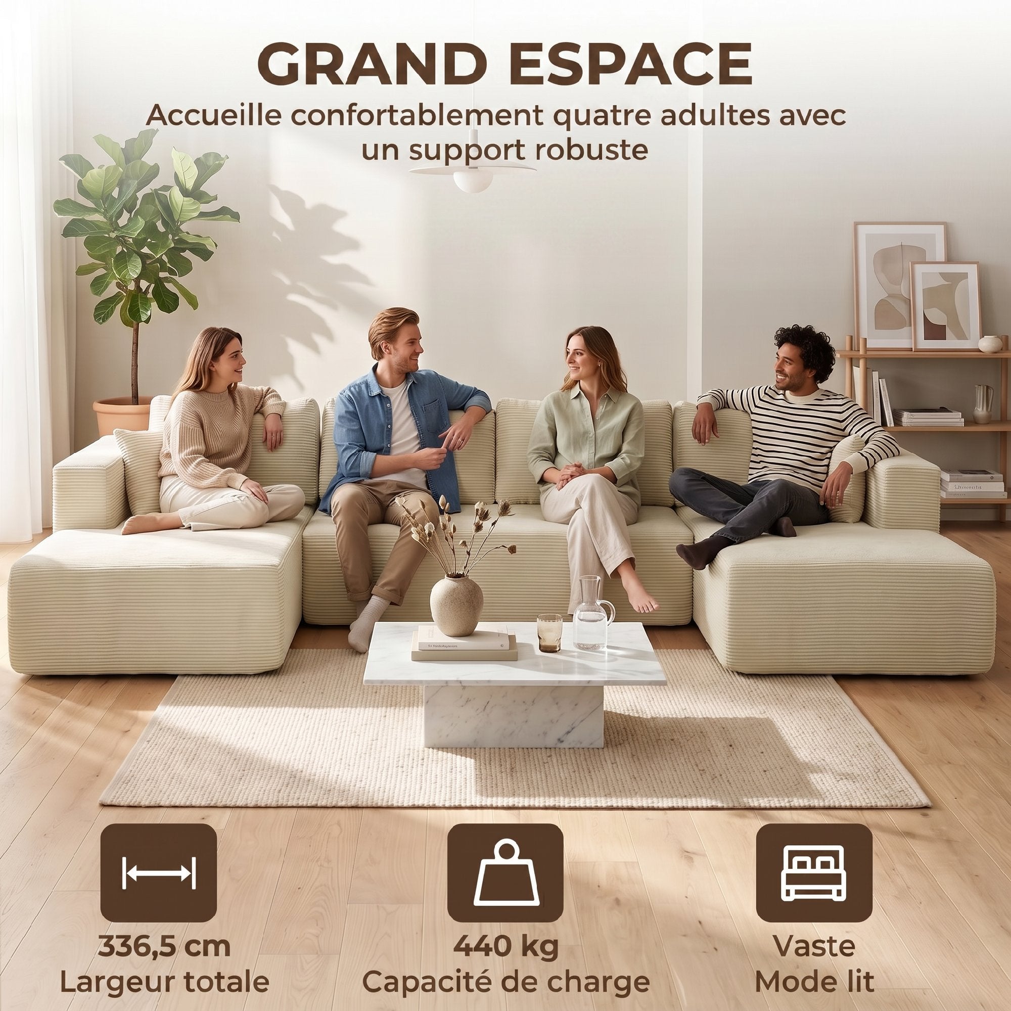 Canapé Modulaire en U Compressé 337 cm, Canapé 4 places Convertible en Velours Côtelé, 2 Méridiennes, 6 Coussins, Assise Large et Poches Latérales, pour Salon, Aucun Assemblage Requis, Crème
