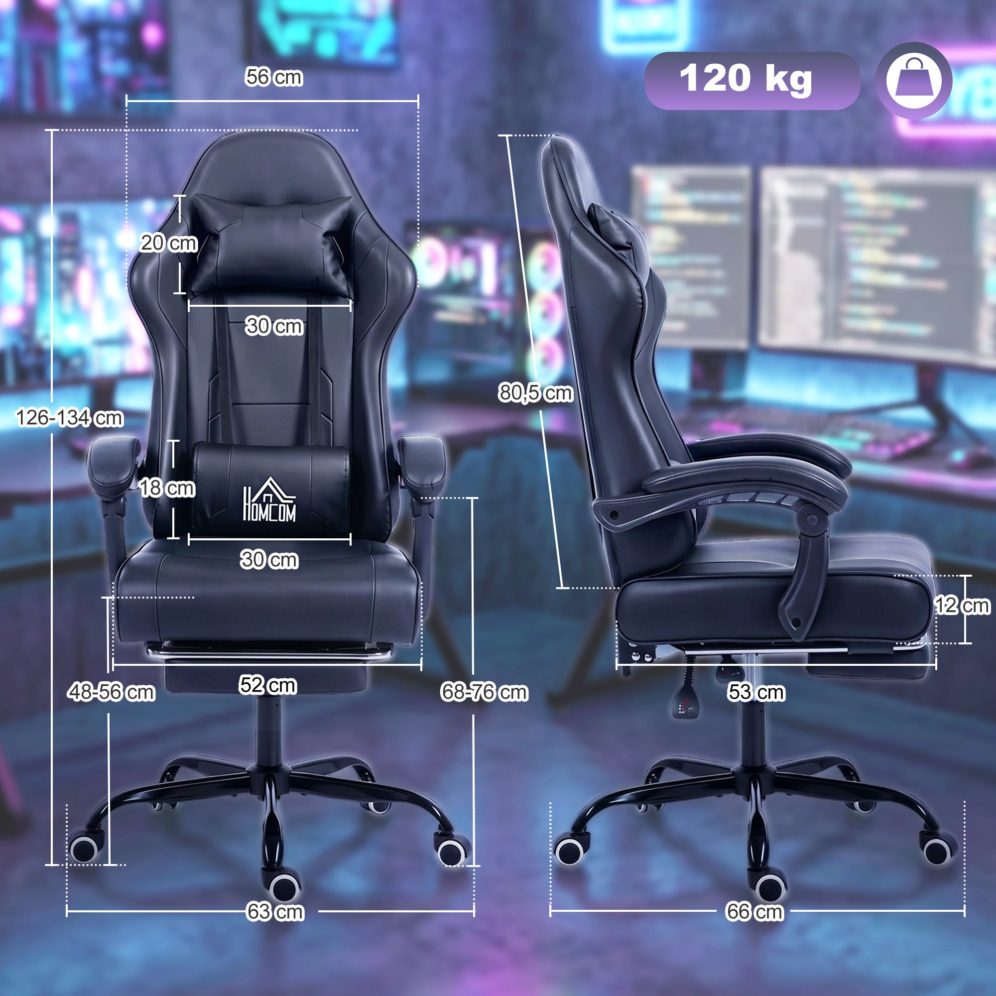 Chaise gaming ergonomique, fauteuil gamer avec support lombaire massant, dossier inclinable, hauteur réglable, repose-pieds, appui-tête, 63 x 66 x 126-134 cm, noir