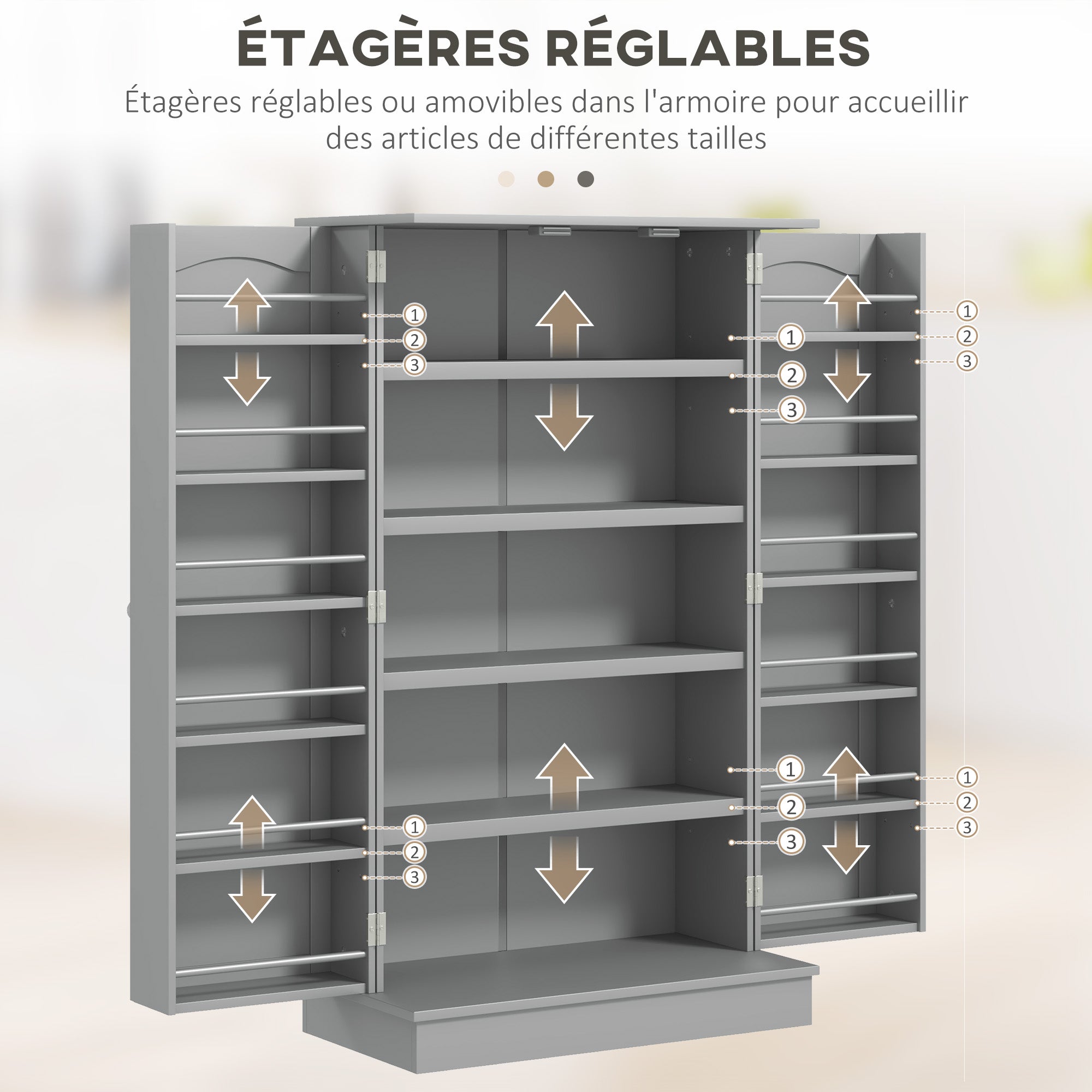 Armoire de cuisine buffet cuisine vaisselier meuble de rangement moderne avec placards, étagère réglable et 12 porte-épices, garde-manger pour salle à manger, salon, 60 x 30 x 104 cm, gris