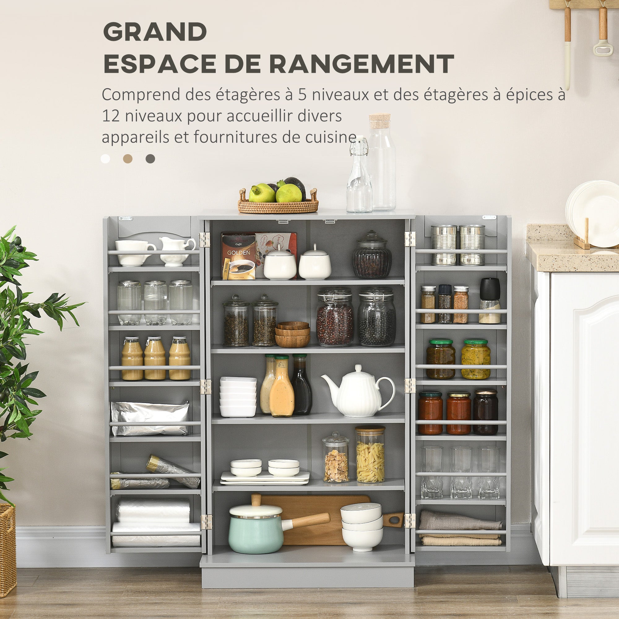 Armoire de cuisine buffet cuisine vaisselier meuble de rangement moderne avec placards, étagère réglable et 12 porte-épices, garde-manger pour salle à manger, salon, 60 x 30 x 104 cm, gris