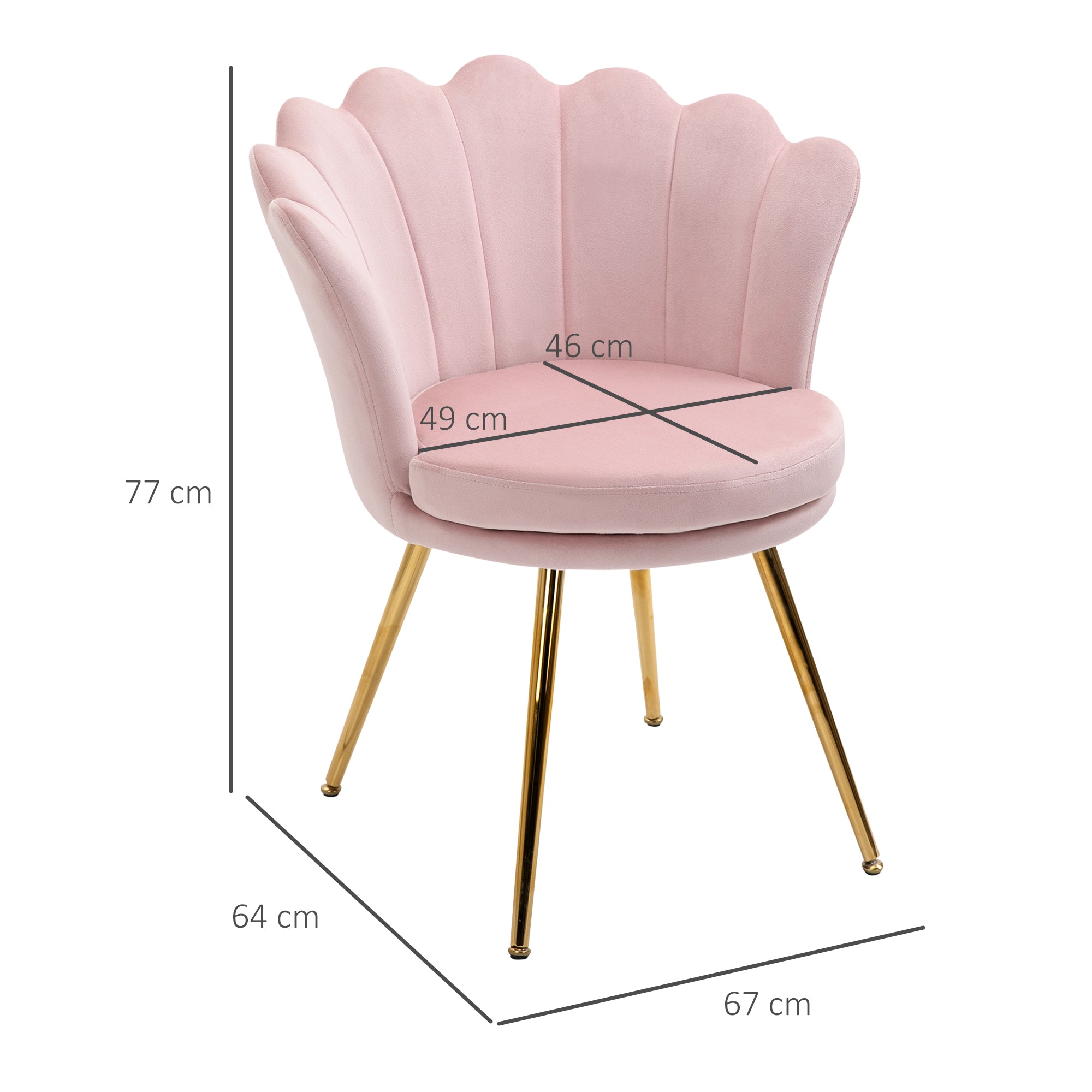 Fauteuil coquillage chaise coiffeuse fauteuil en velours fauteuil de salon avec pieds en métal doré pour salon chambre et salle à manger 67l x 64P x 77H cm rose poudré