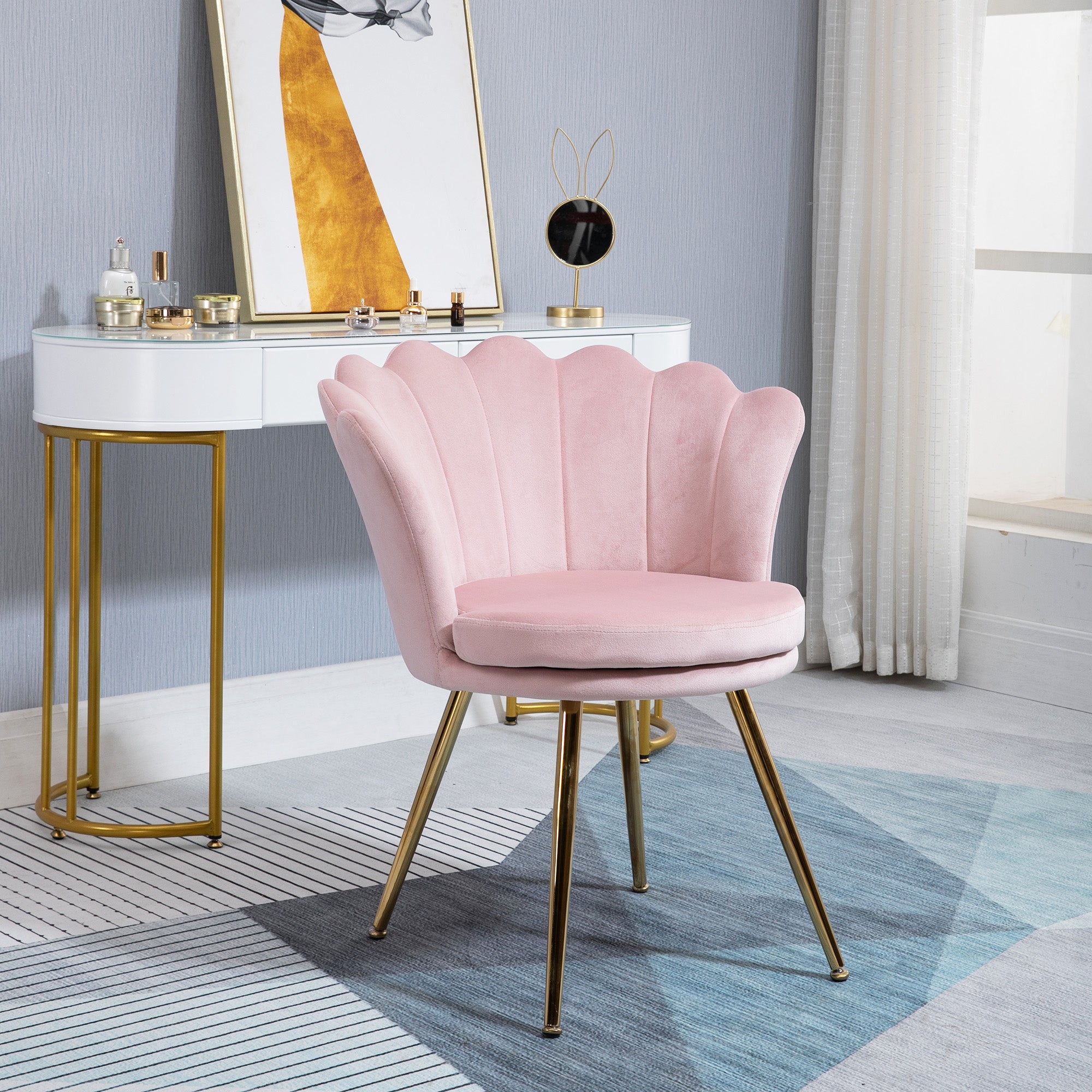Fauteuil coquillage chaise coiffeuse fauteuil en velours fauteuil de salon avec pieds en métal doré pour salon chambre et salle à manger 67l x 64P x 77H cm rose poudré