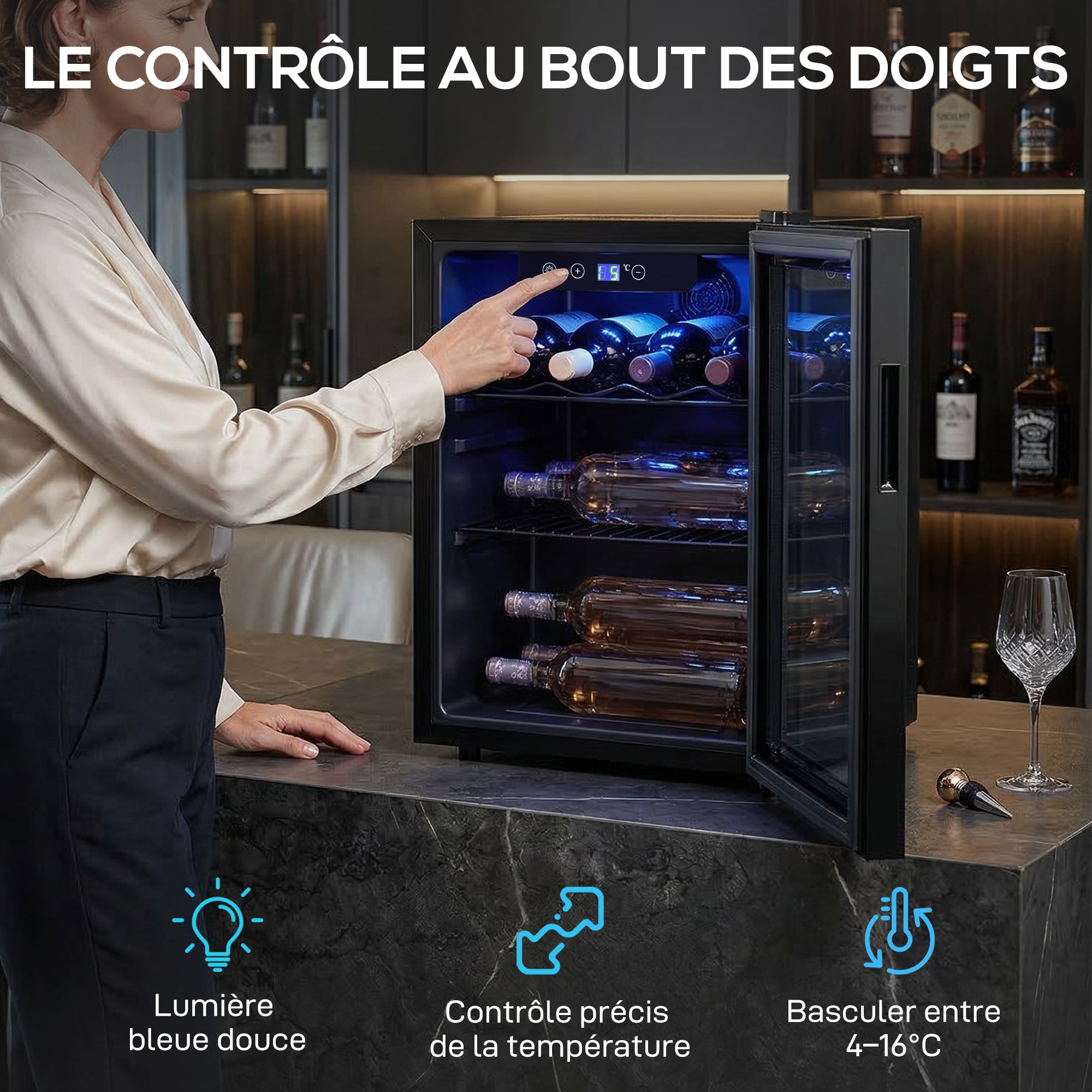 Cave à vin 16 bouteilles 48L, réfrigérateur à vin et boissons avec température réglable 4-16 °C, porte réversible en verre trempé double, éclairage LED et étagère amovible, noir