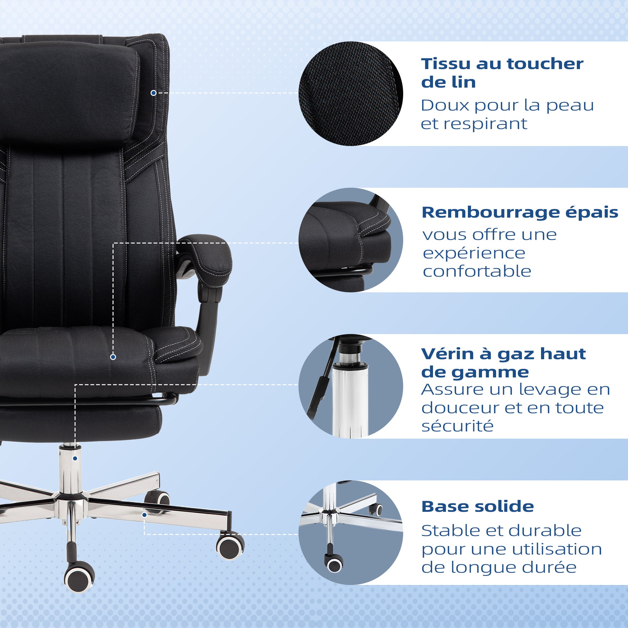 Chaise bureau fauteuil de bureau chaise ergonomique hauteur réglable dossier inclinable accoudoirs repose-pieds et appui-tête siège de bureau à roulettes pivotantes 65x61x105-113cm noir
