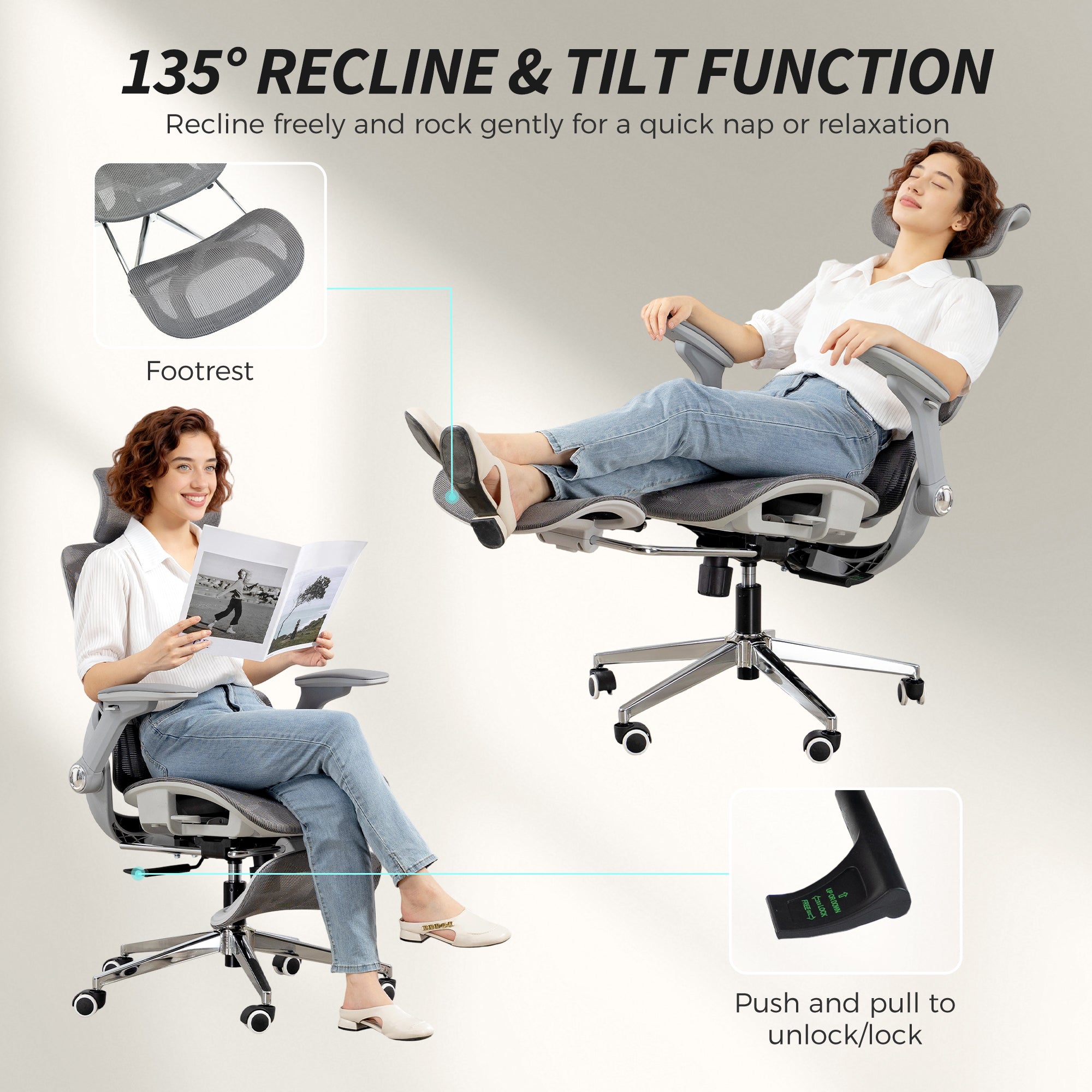 Chaise Bureau Ergonomique avec Accoudoirs 4D Appui-Tête et Profondeur d'Assise Réglables Fauteuil de Bureau en Maille Inclinable Hauteur Réglable Soutien Lombaire Adjustable Repose-Pieds Gris