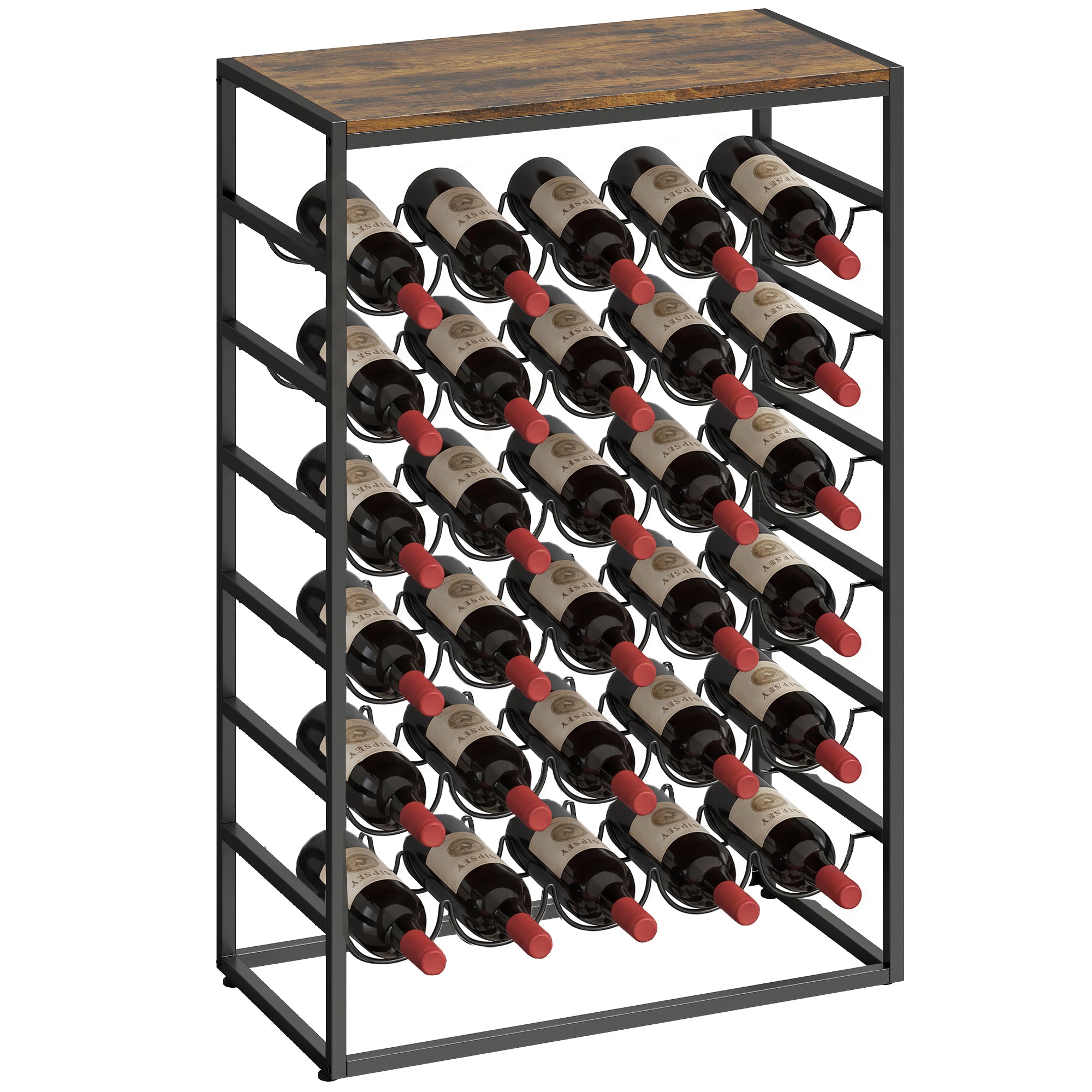 Casier à bouteilles pour 30 bouteilles, étagère à vin avec 6 niveaux avec plateau effet bois, style industriel, casier à vin en métal, pour cave, bars, sous-sols, 59x30x88,5cm, brun rustique