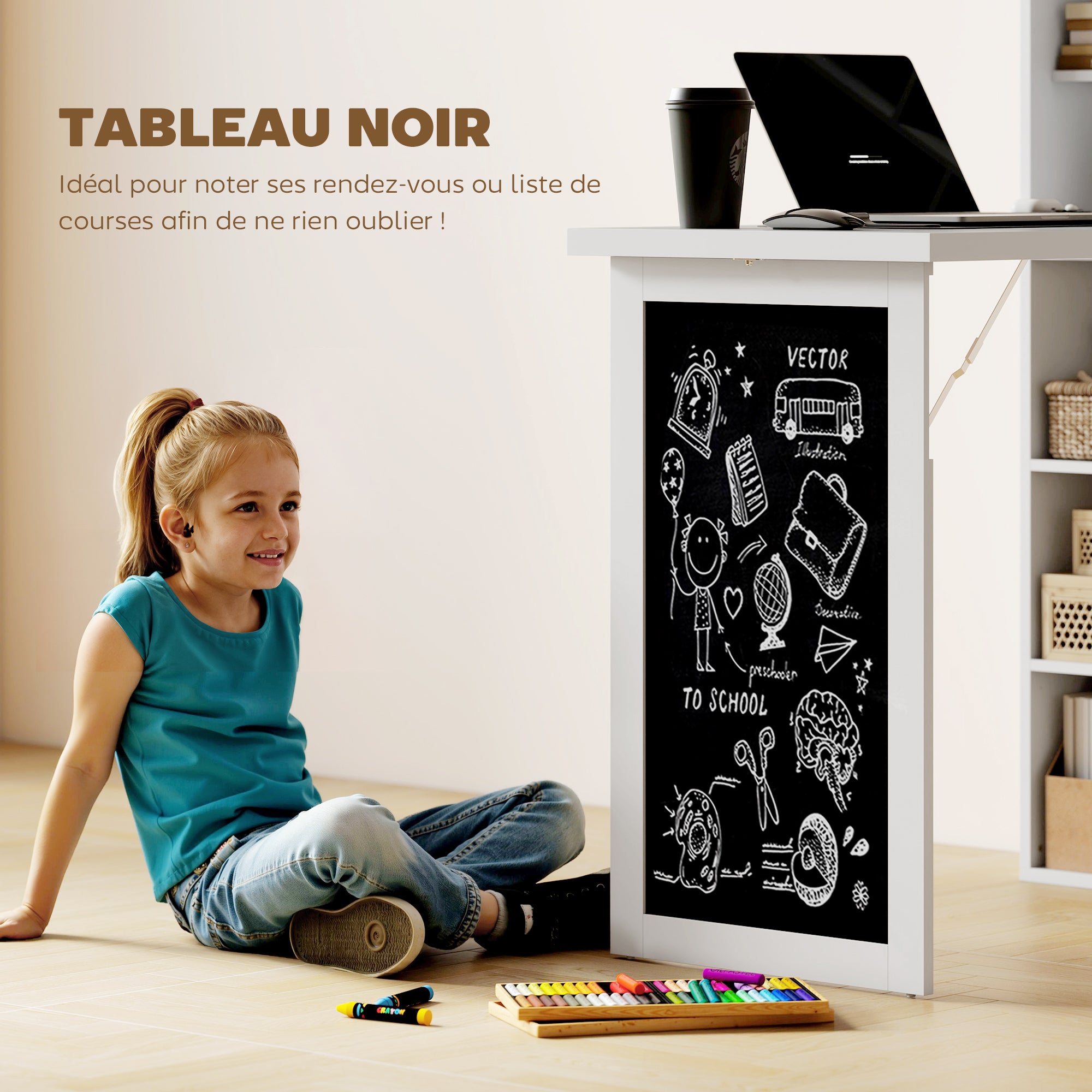 Bureau informatique pliable, bureau avec bibliothèque, poste de travail, tableau noir, 9 compartiments ouverts et étagère réglable, table d'ordinateur pour chambre, 98x51x153cm, blanc