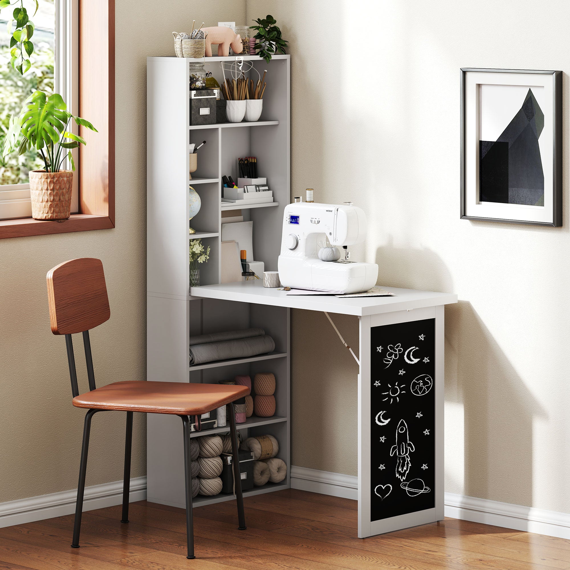 Bureau informatique pliable, bureau avec bibliothèque, poste de travail, tableau noir, 9 compartiments ouverts et étagère réglable, table d'ordinateur pour chambre, 98x51x153cm, blanc