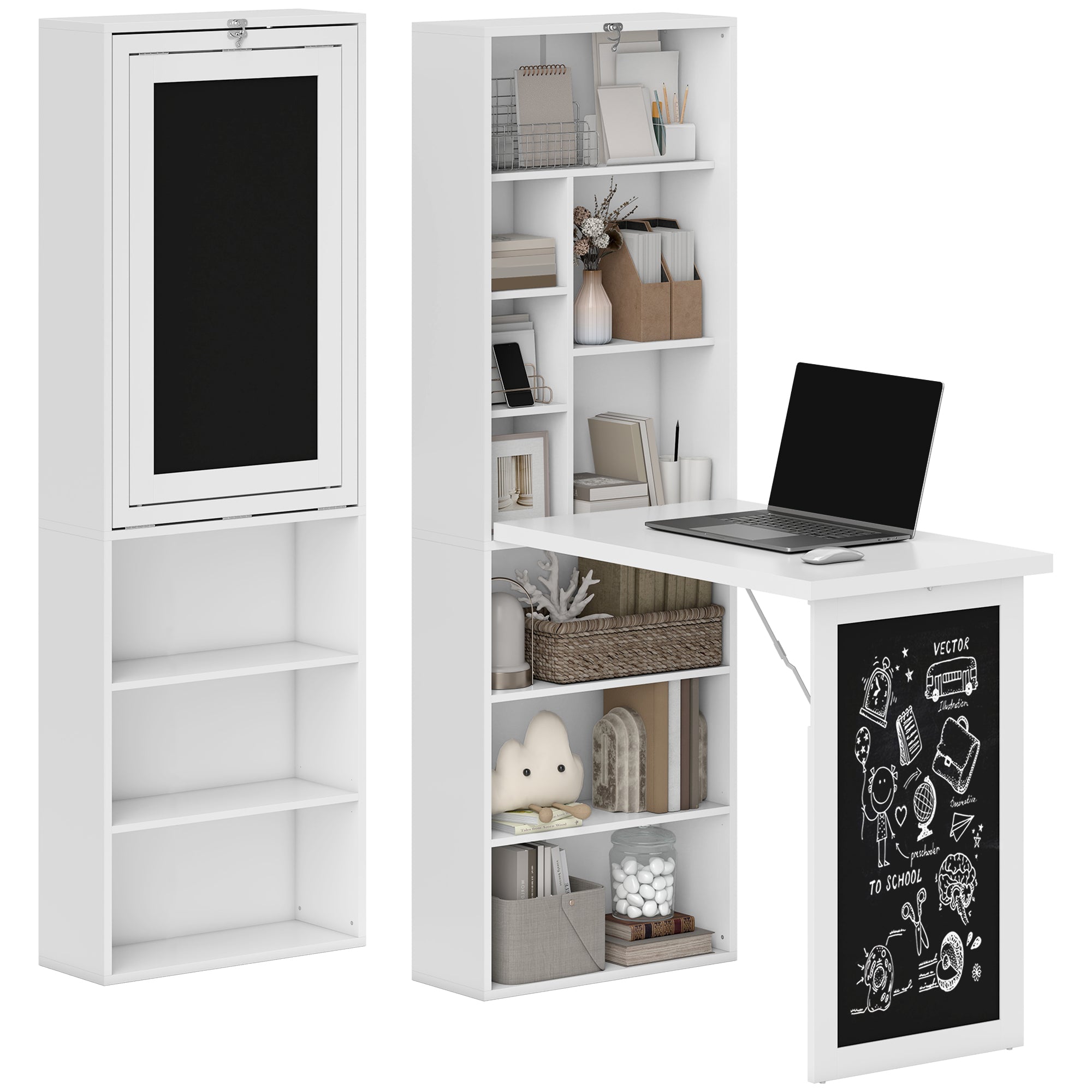 Bureau informatique pliable, bureau avec bibliothèque, poste de travail, tableau noir, 9 compartiments ouverts et étagère réglable, table d'ordinateur pour chambre, 98x51x153cm, blanc